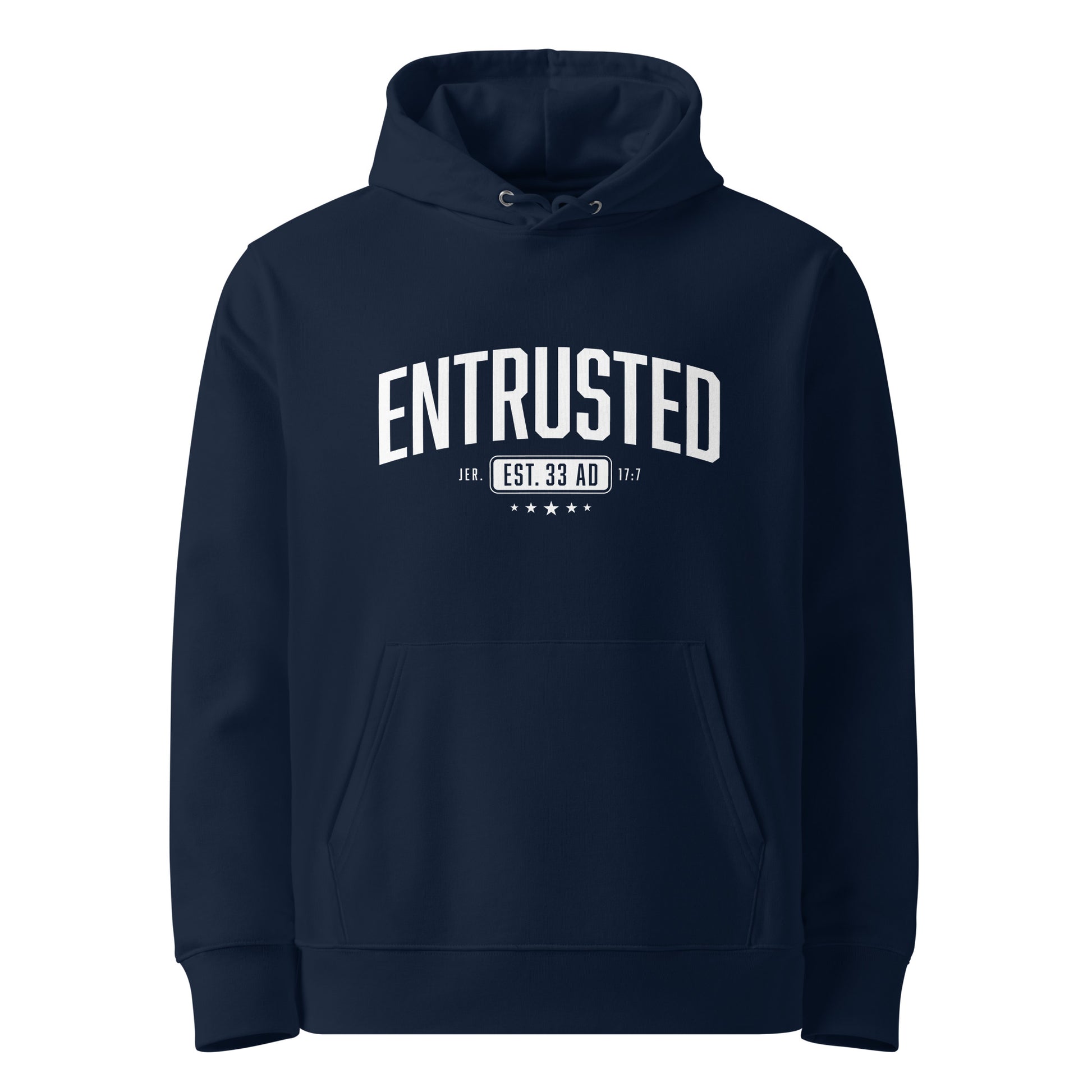 Entrusted Est. 33AD Christian hoodie french navy front view — Entrusted to Him