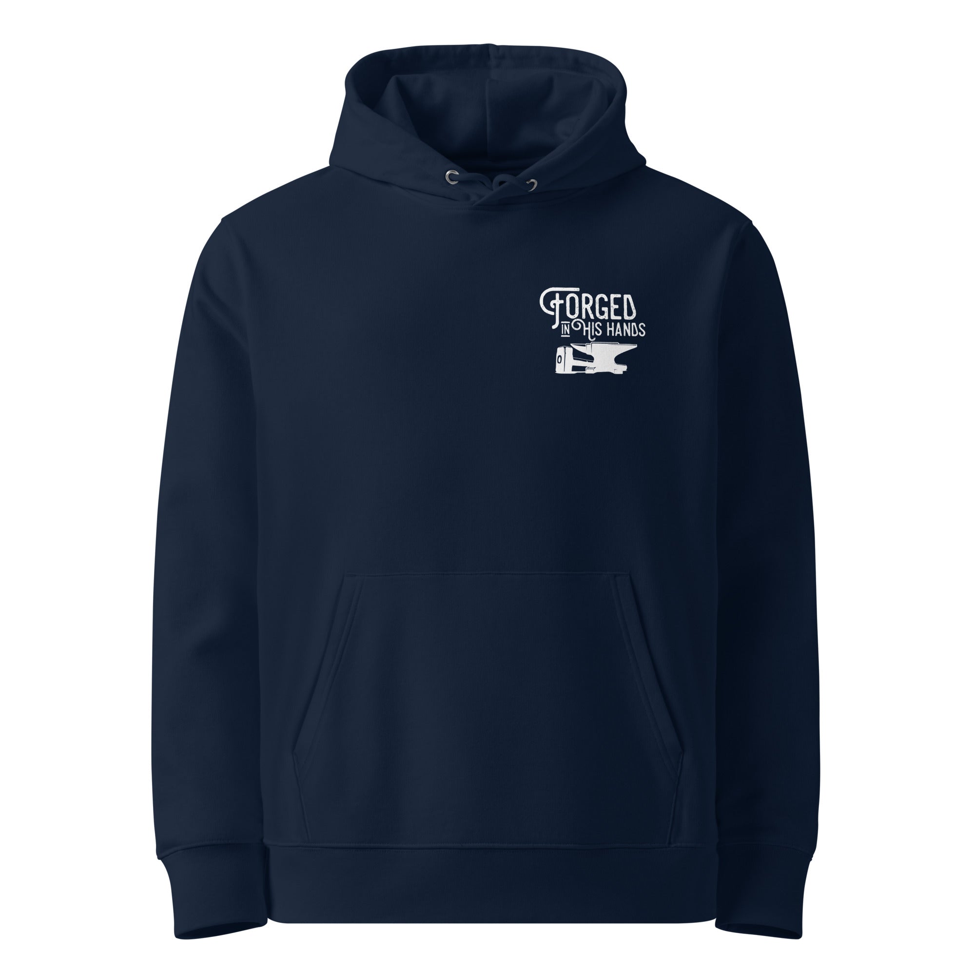 Image of Forged in His Hands God hoodie french navy front — Entrusted to Him