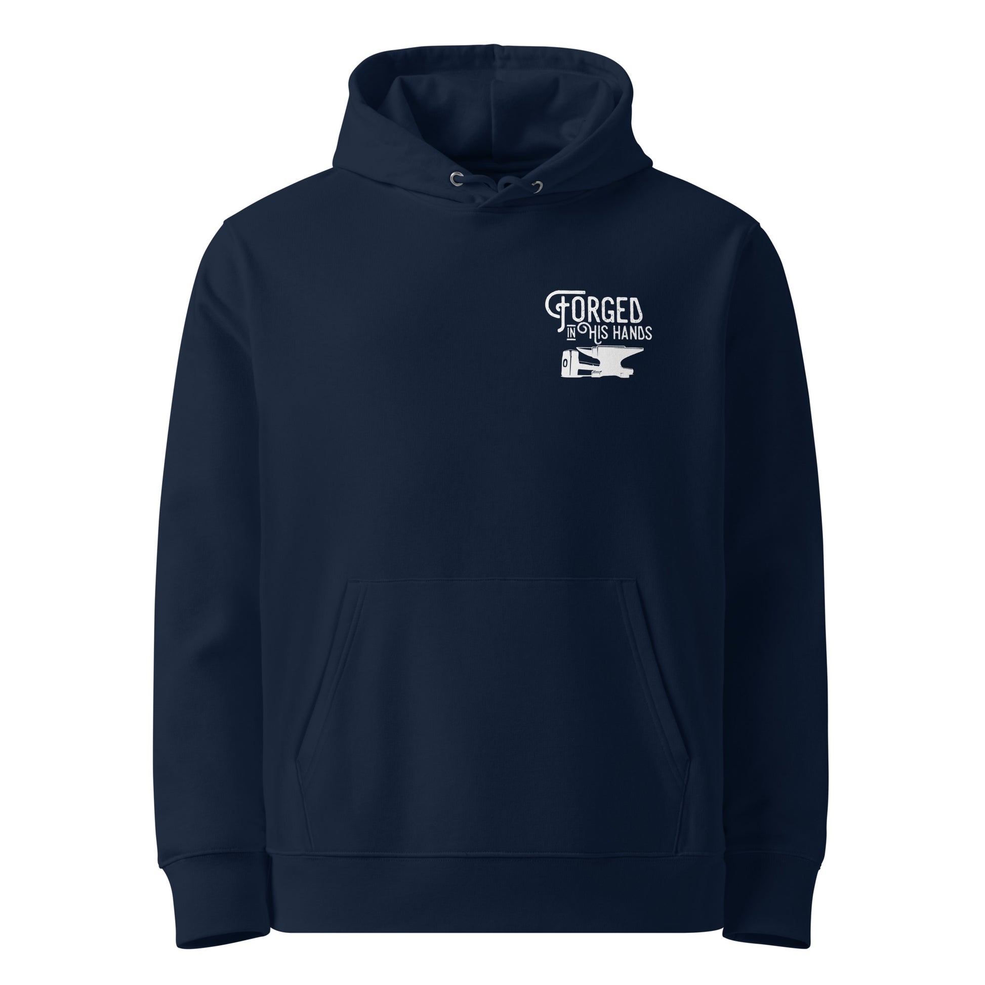 Forged in His Hands God hoodie french navy front — Entrusted to Him