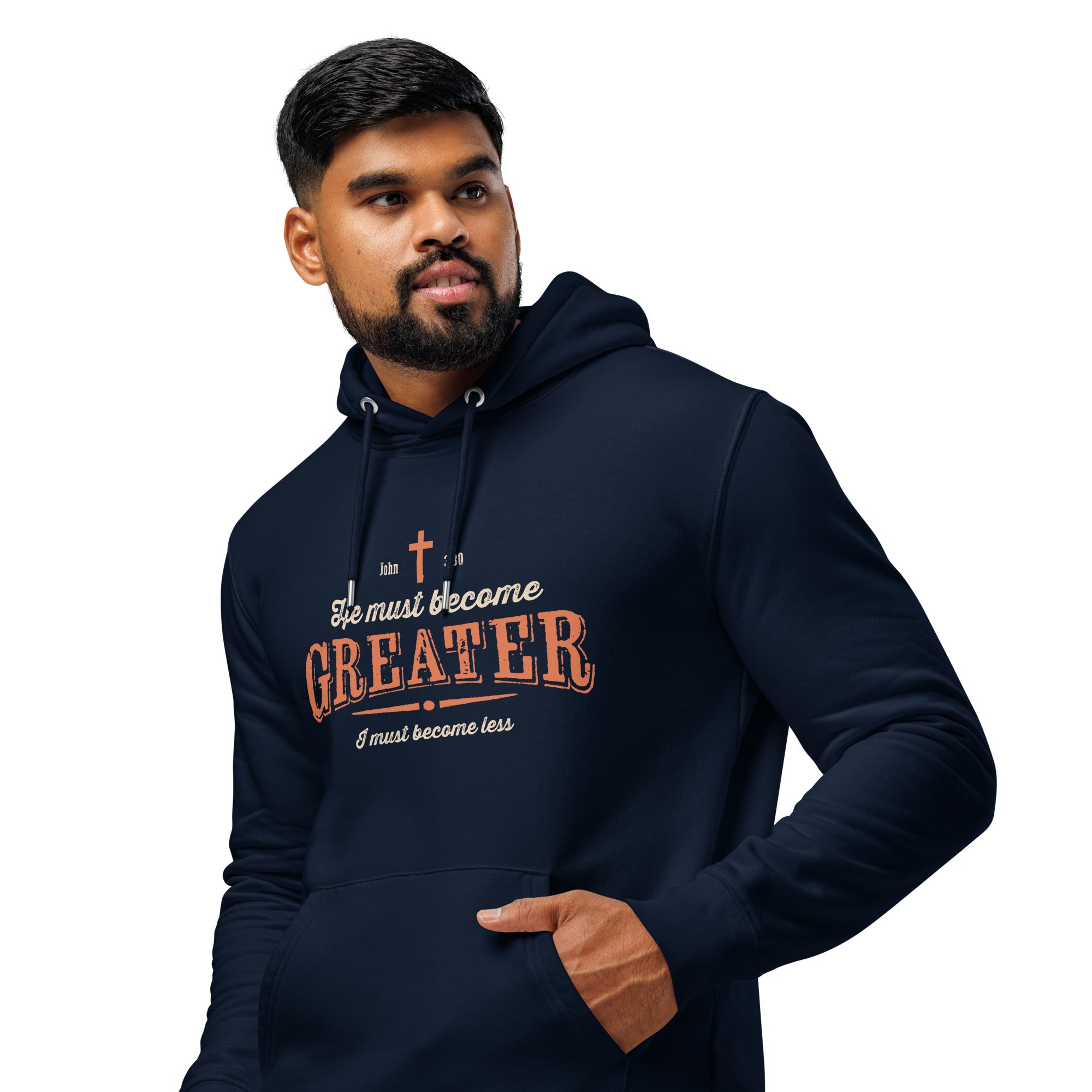 Image of Greater Christian hoodie John 3:30 french navy left front view — Entrusted to Him