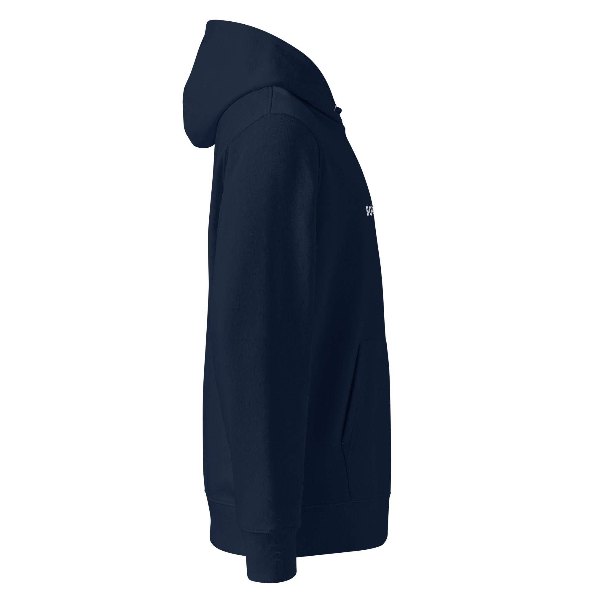 Image of Born Twice organic Christian hoodie french navy side view — Entrusted to Him