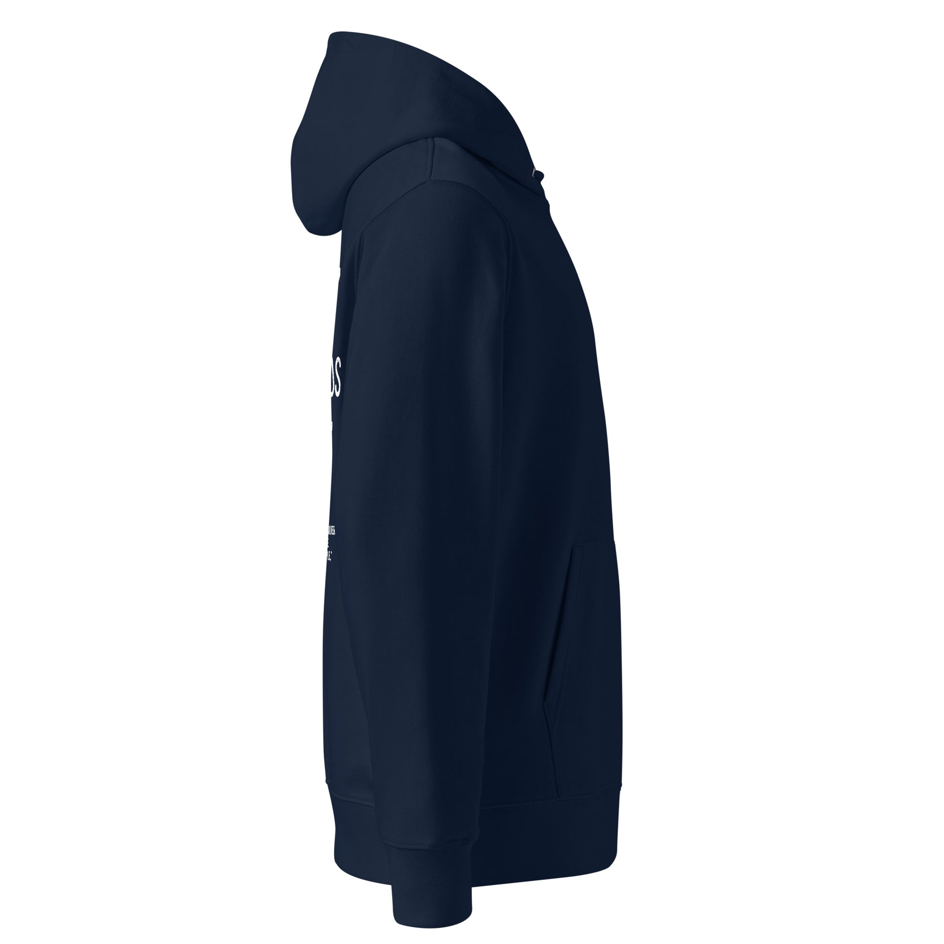 Forged in His Hands Christian hoodie french navy side view — Entrusted to Him