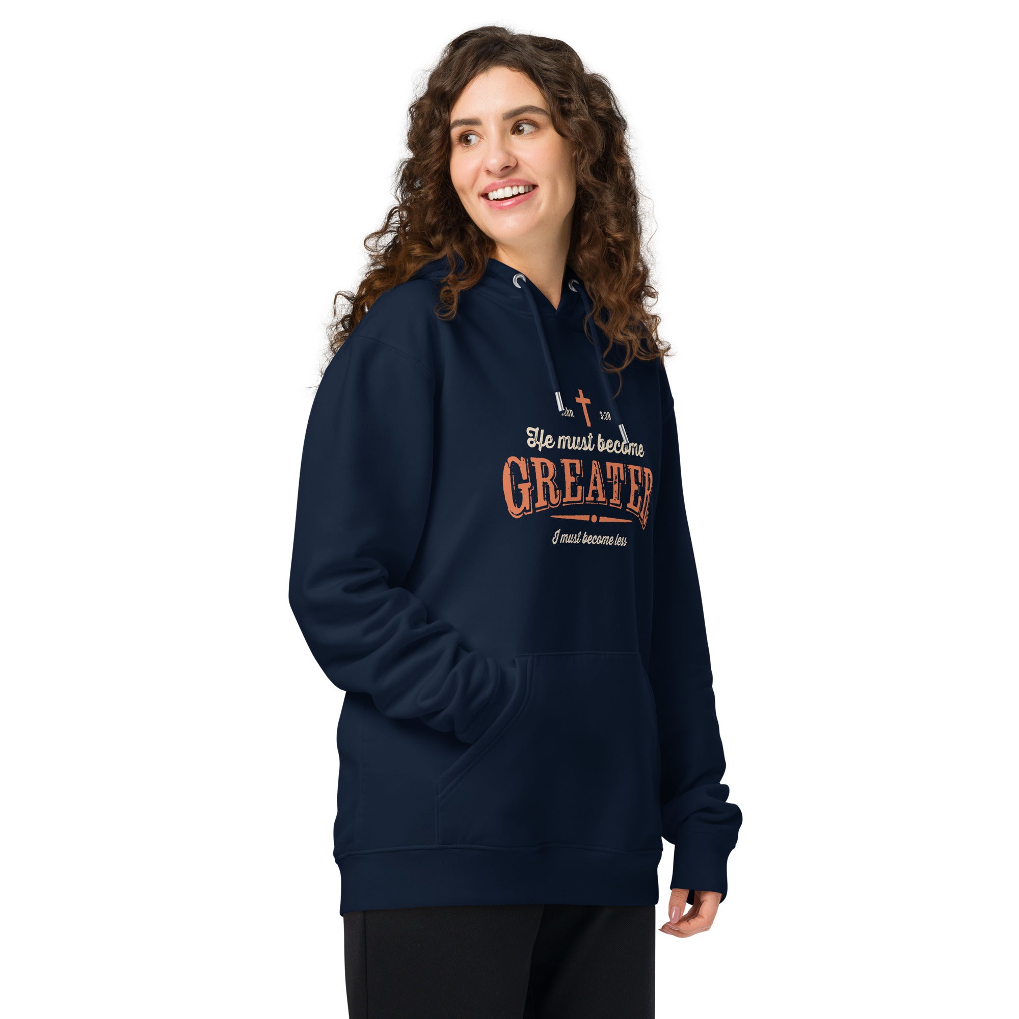 Image of Greater Christian hoodie John 3:30 french navy right front view — Entrusted to Him