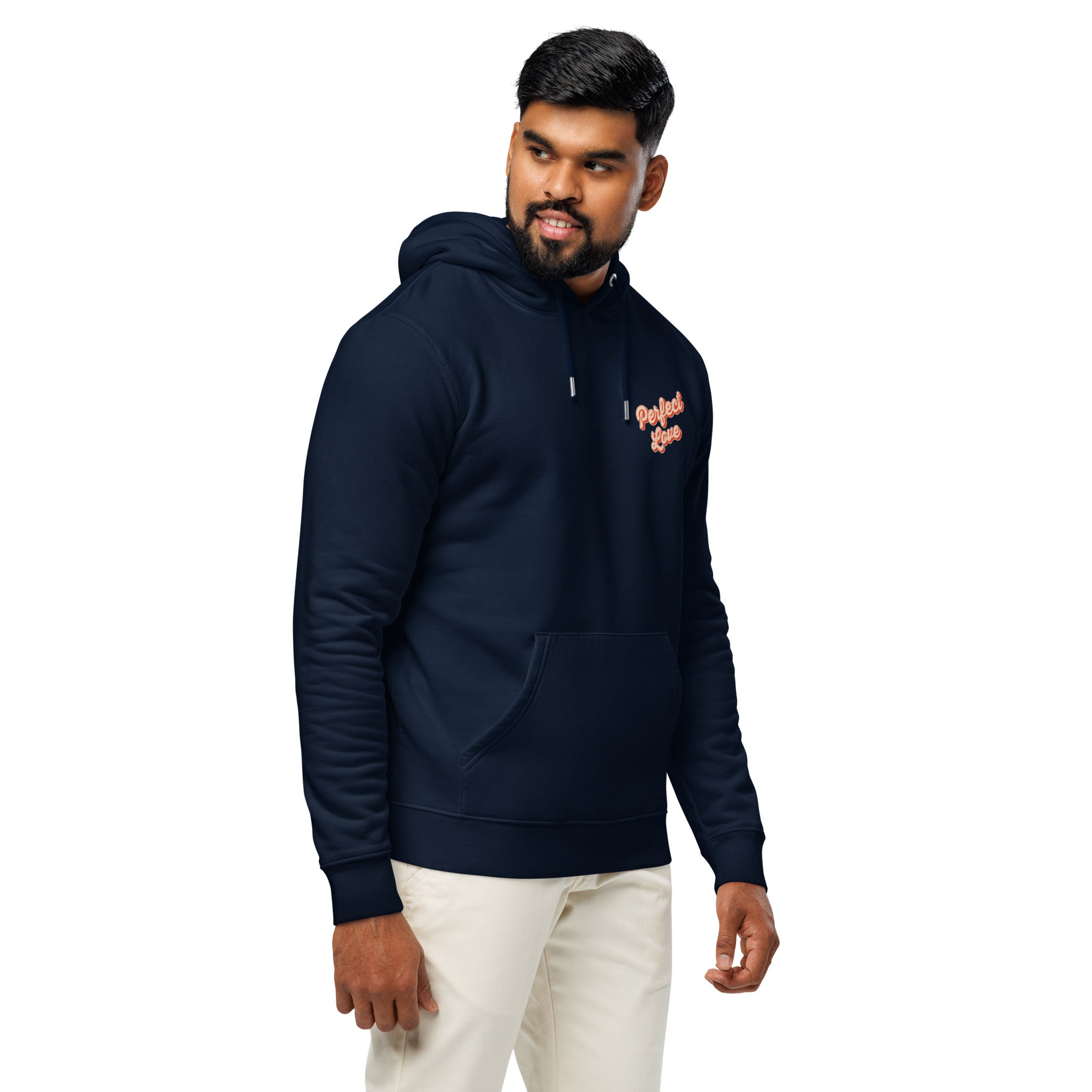 Image of Perfect Love Christian hoodie french navy right front view — Entrusted to Him