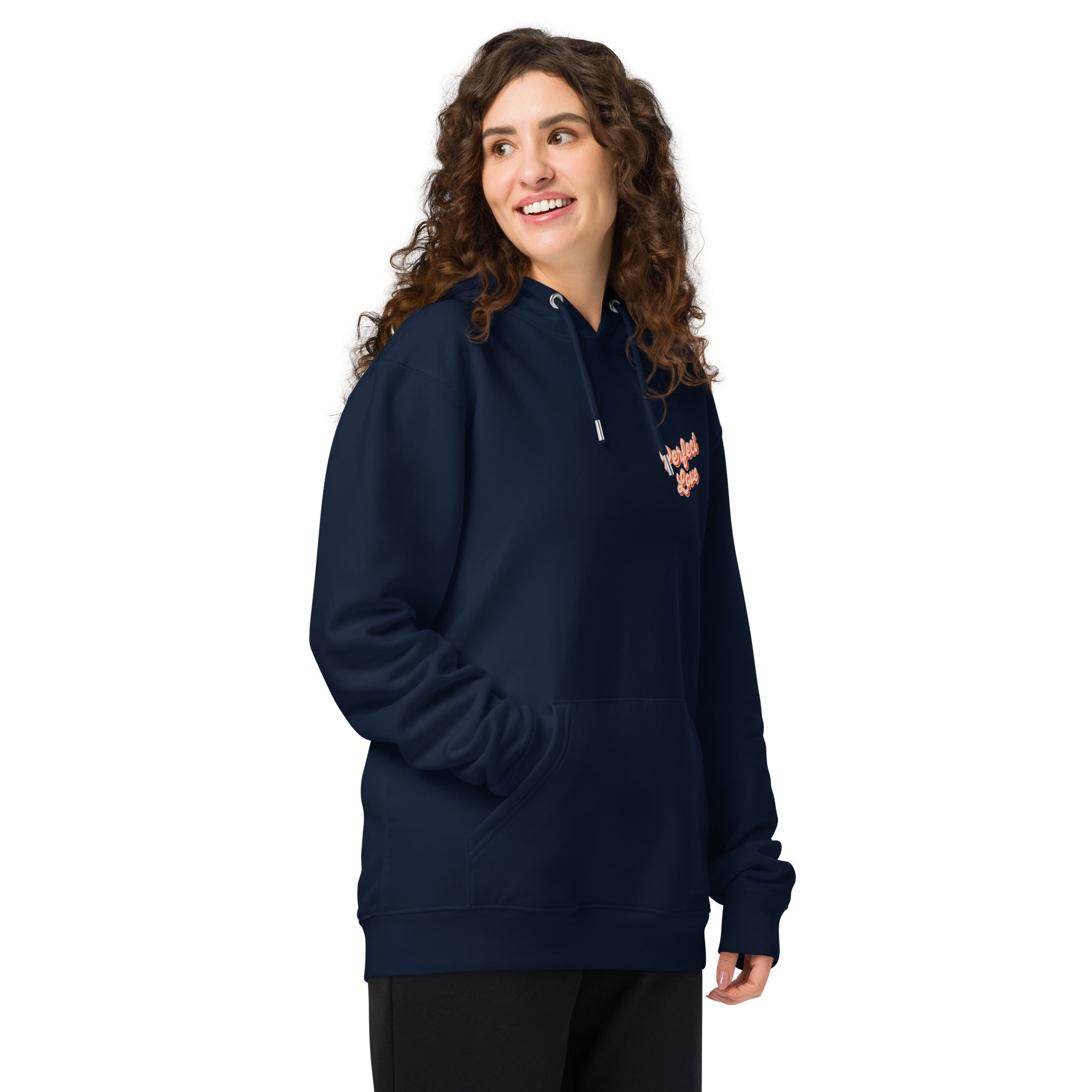 Image of Perfect Love Christian hoodie french navy right front lifestyle view — Entrusted to Him