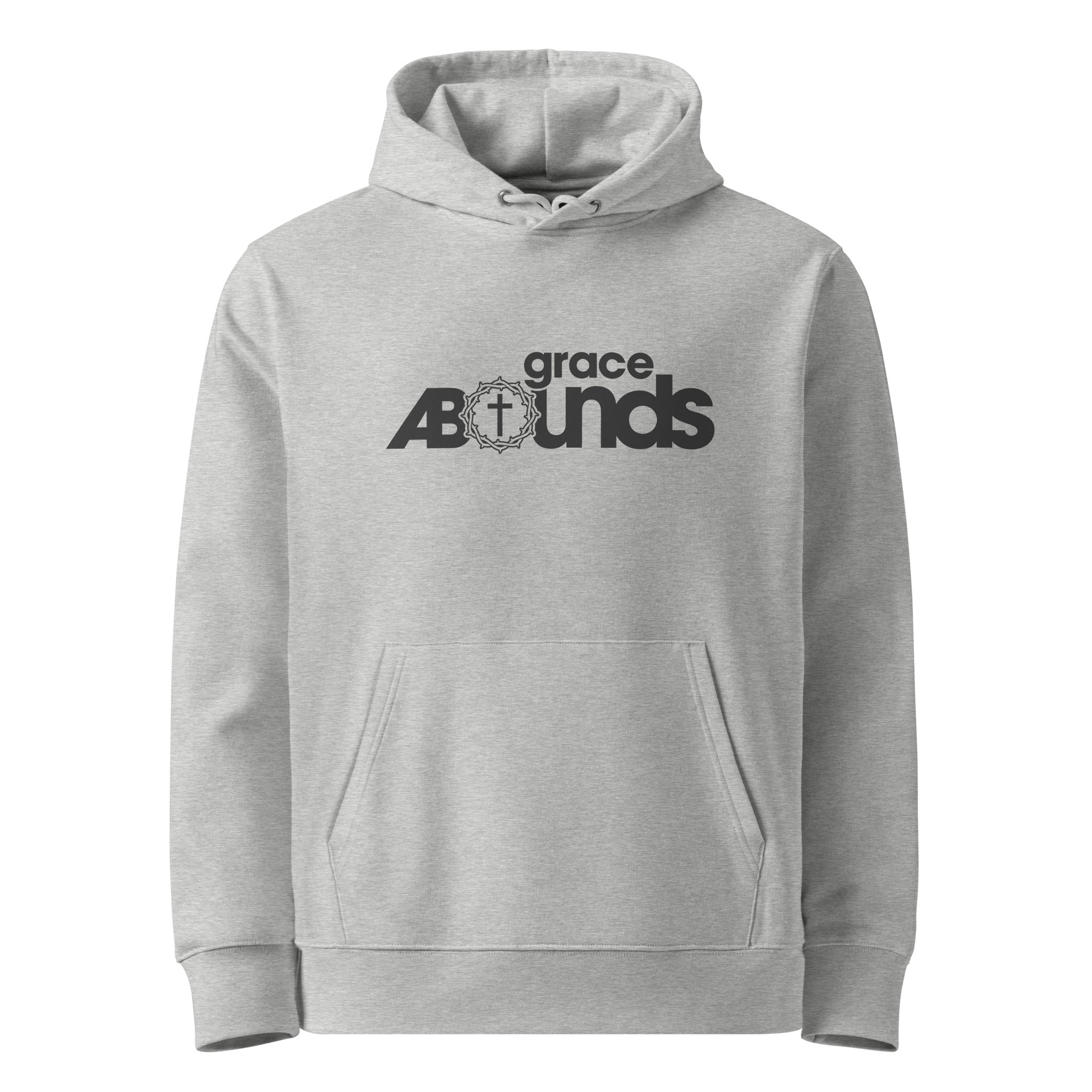 Image of Grace Abounds Christian hoodie heather grey front view — Entrusted to Him