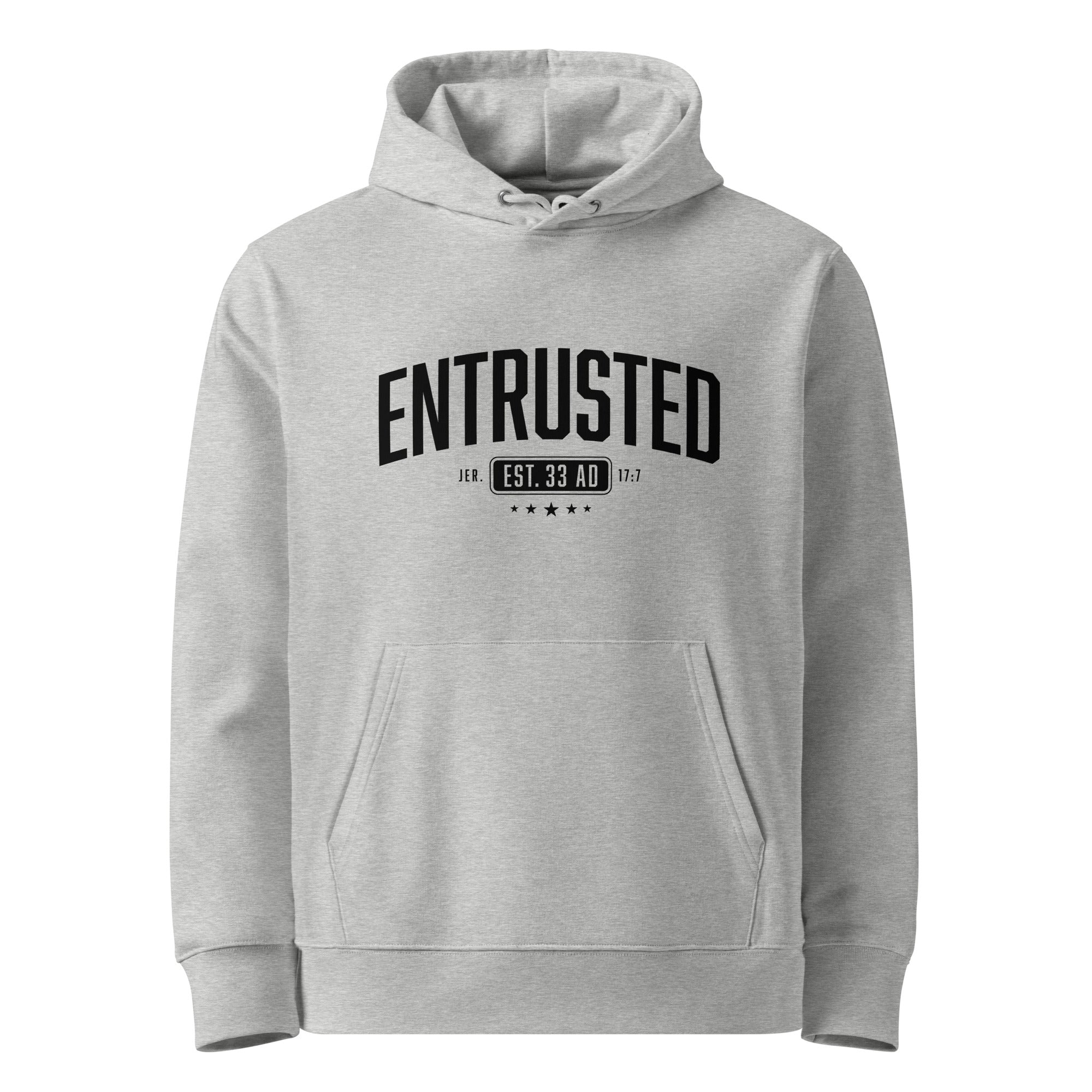 Image of Entrusted Est. 33AD Christian hoodie heather grey front view — Entrusted to Him