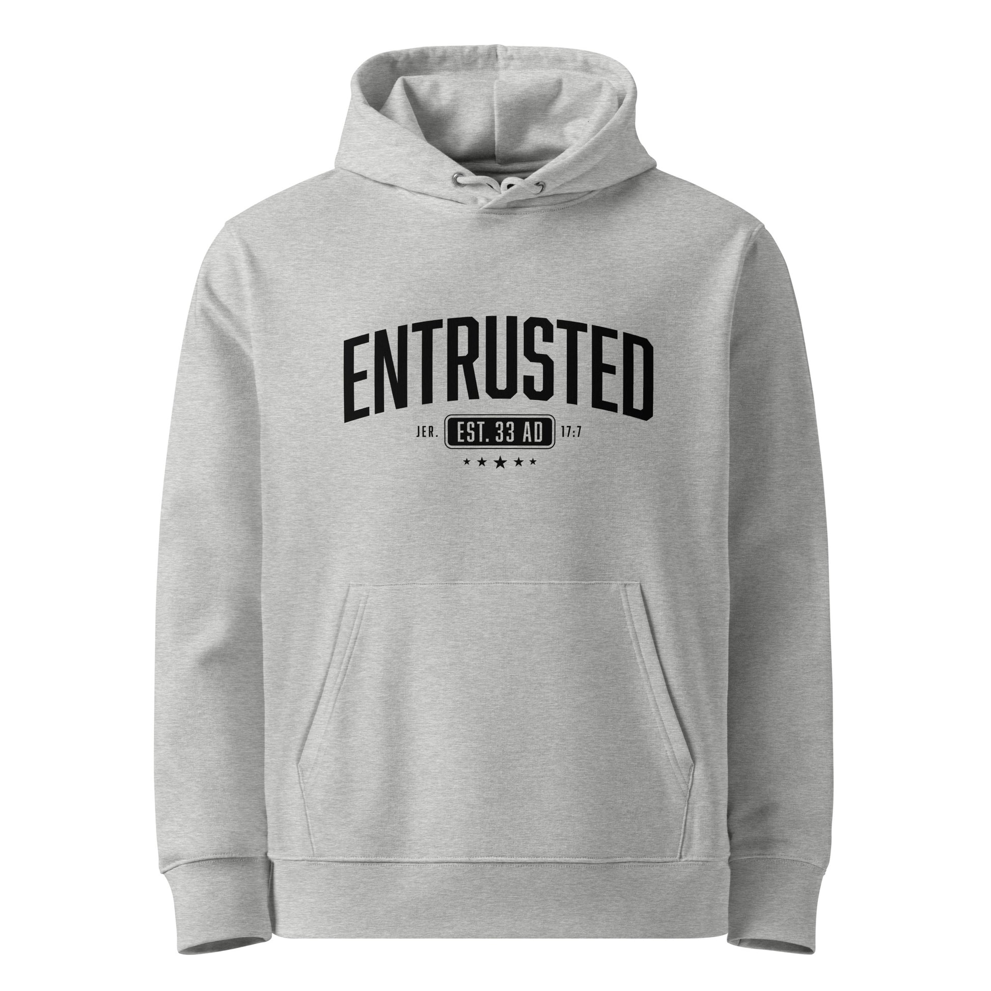 Entrusted Est. 33AD Christian hoodie heather grey front view — Entrusted to Him