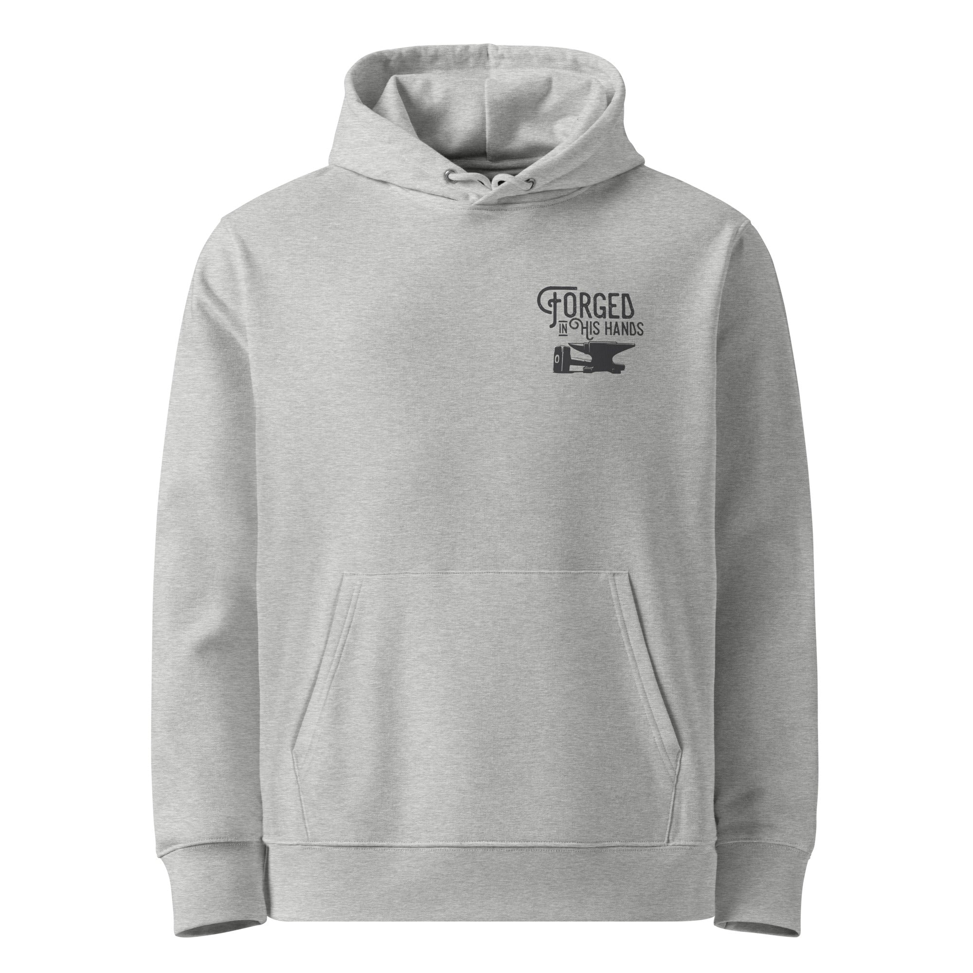 Image of Forged in His Hands God hoodie heather grey front — Entrusted to Him
