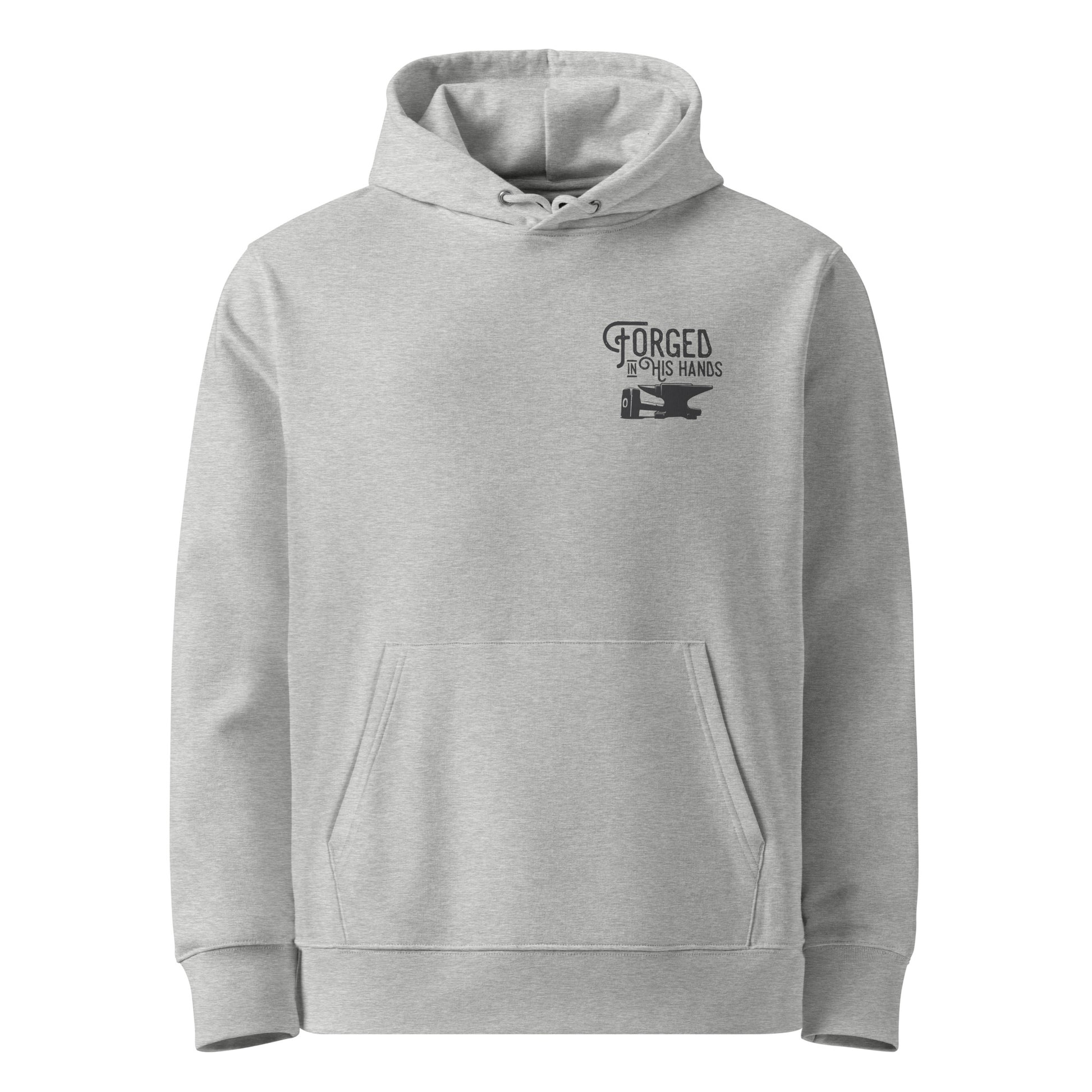 Forged in His Hands God hoodie heather grey front — Entrusted to Him