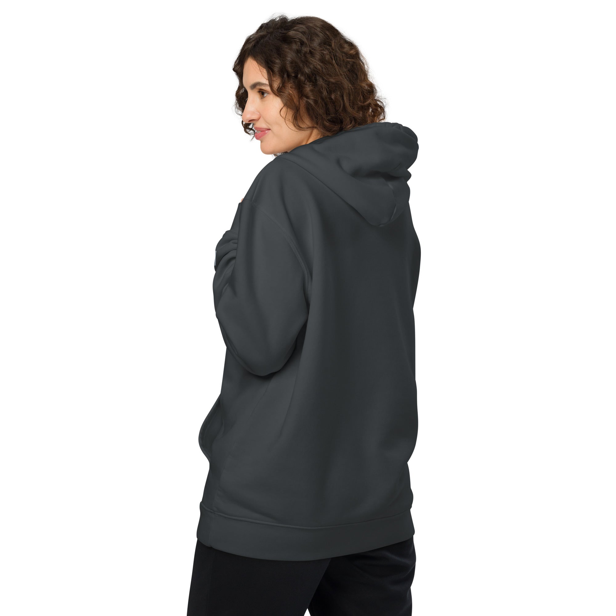 Image of Risen Varsity Special Edition Christian hoodie india ink grey back alternate view — Entrusted to Him