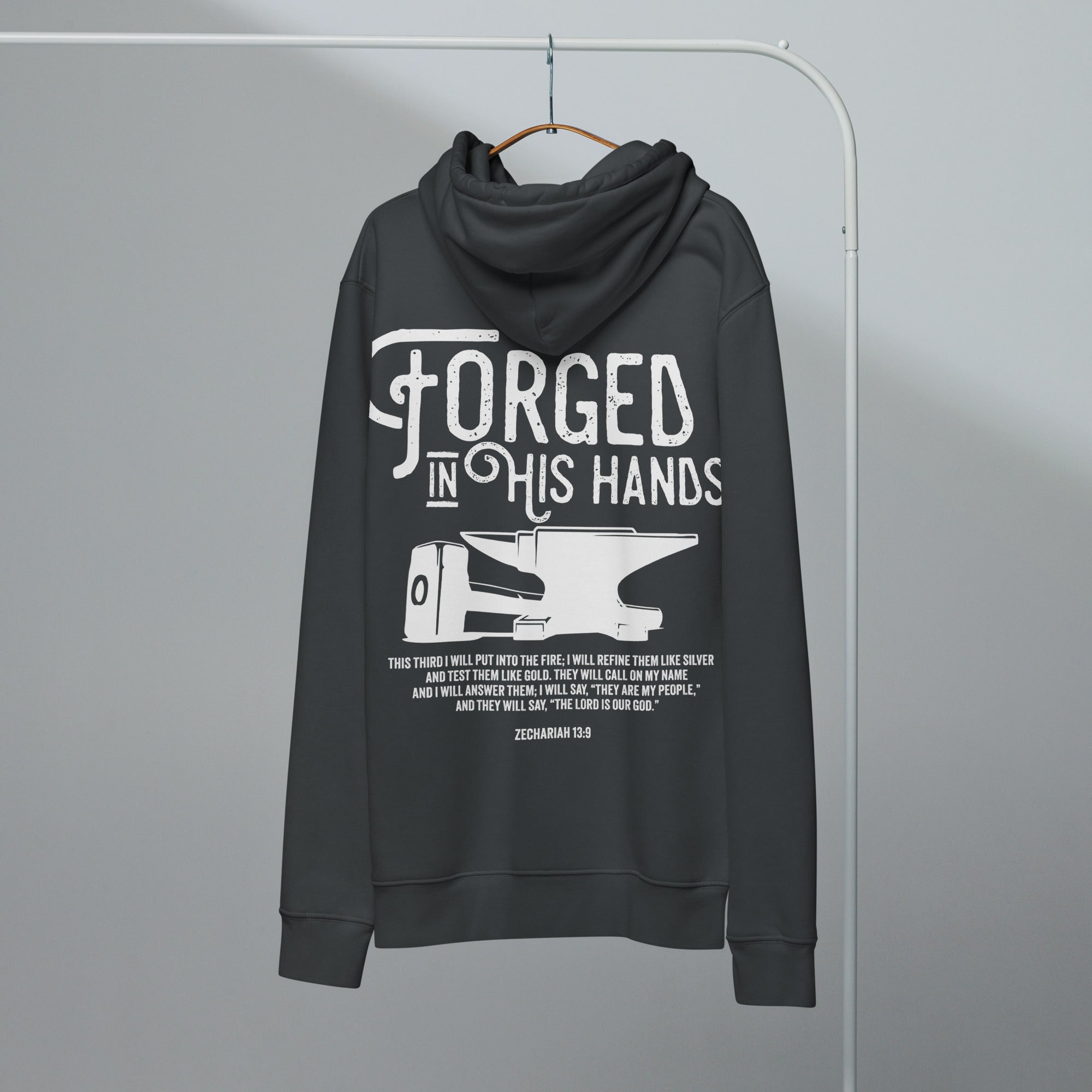 Image of Forged in His Hands faith based hoodie india ink grey back — Entrusted to Him
