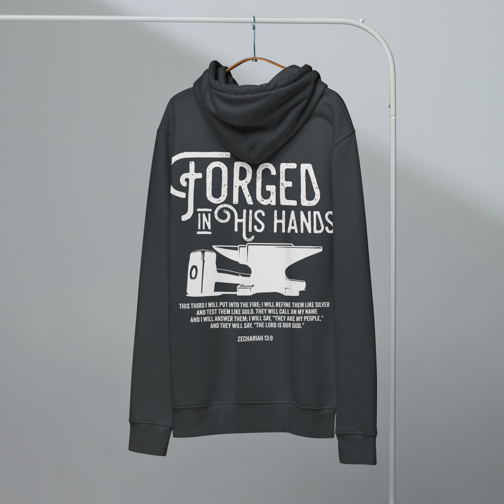 Forged in His Hands faith based hoodie india ink grey back — Entrusted to Him