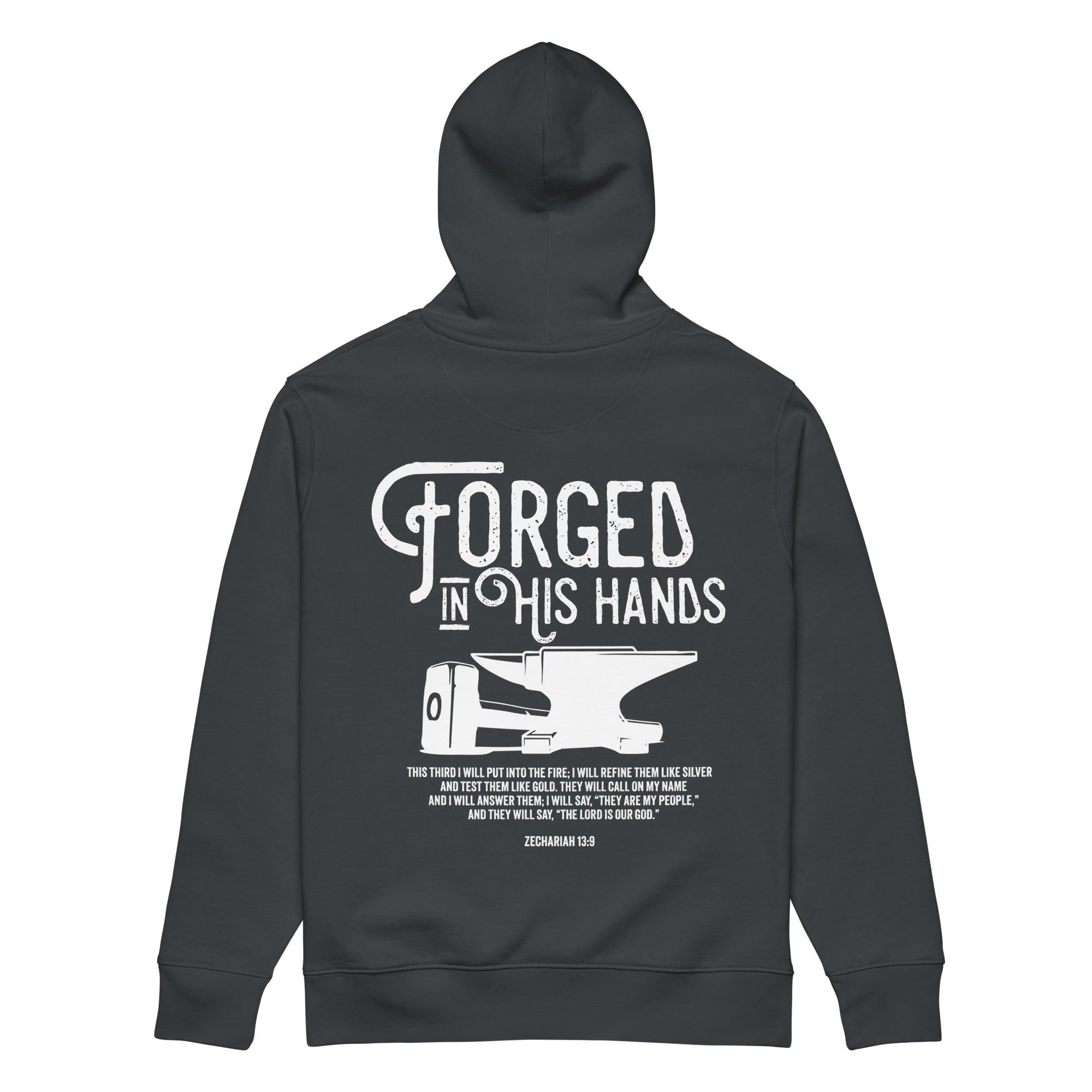 Image of Forged in His Hands faith hoodie india ink grey back view — Entrusted to Him