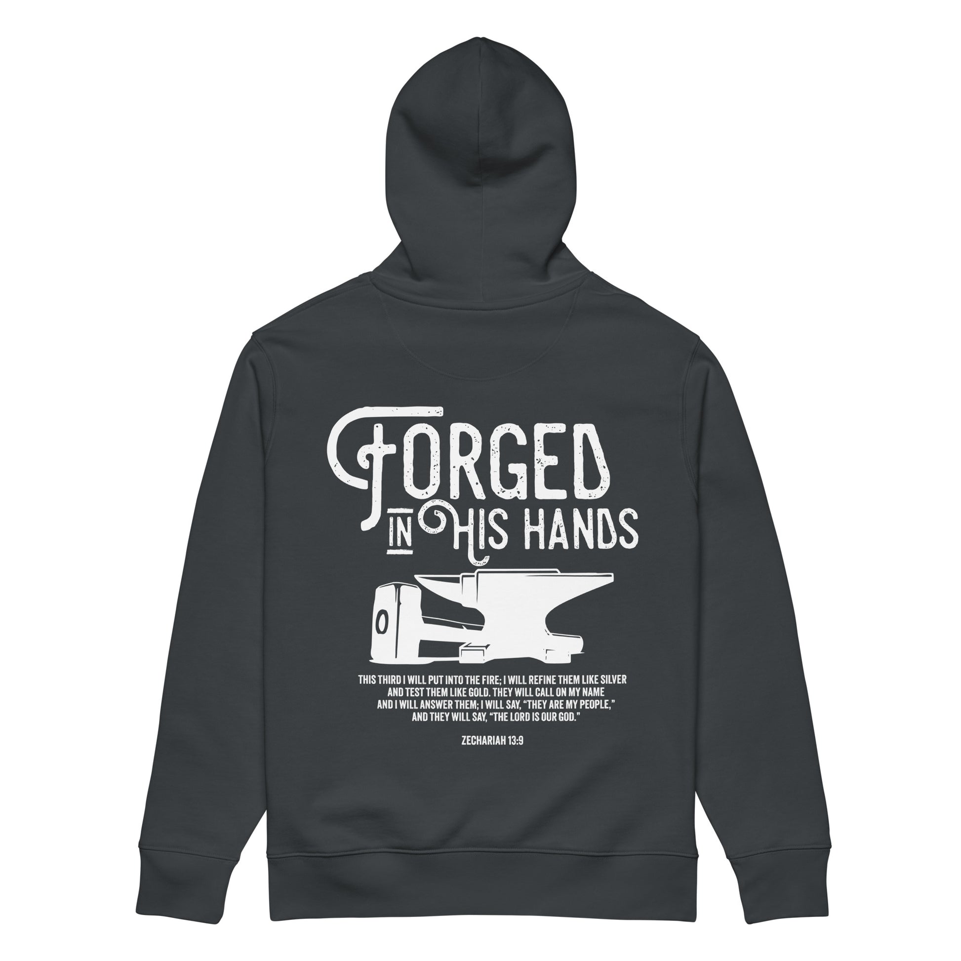 Forged in His Hands faith hoodie india ink grey back view — Entrusted to Him