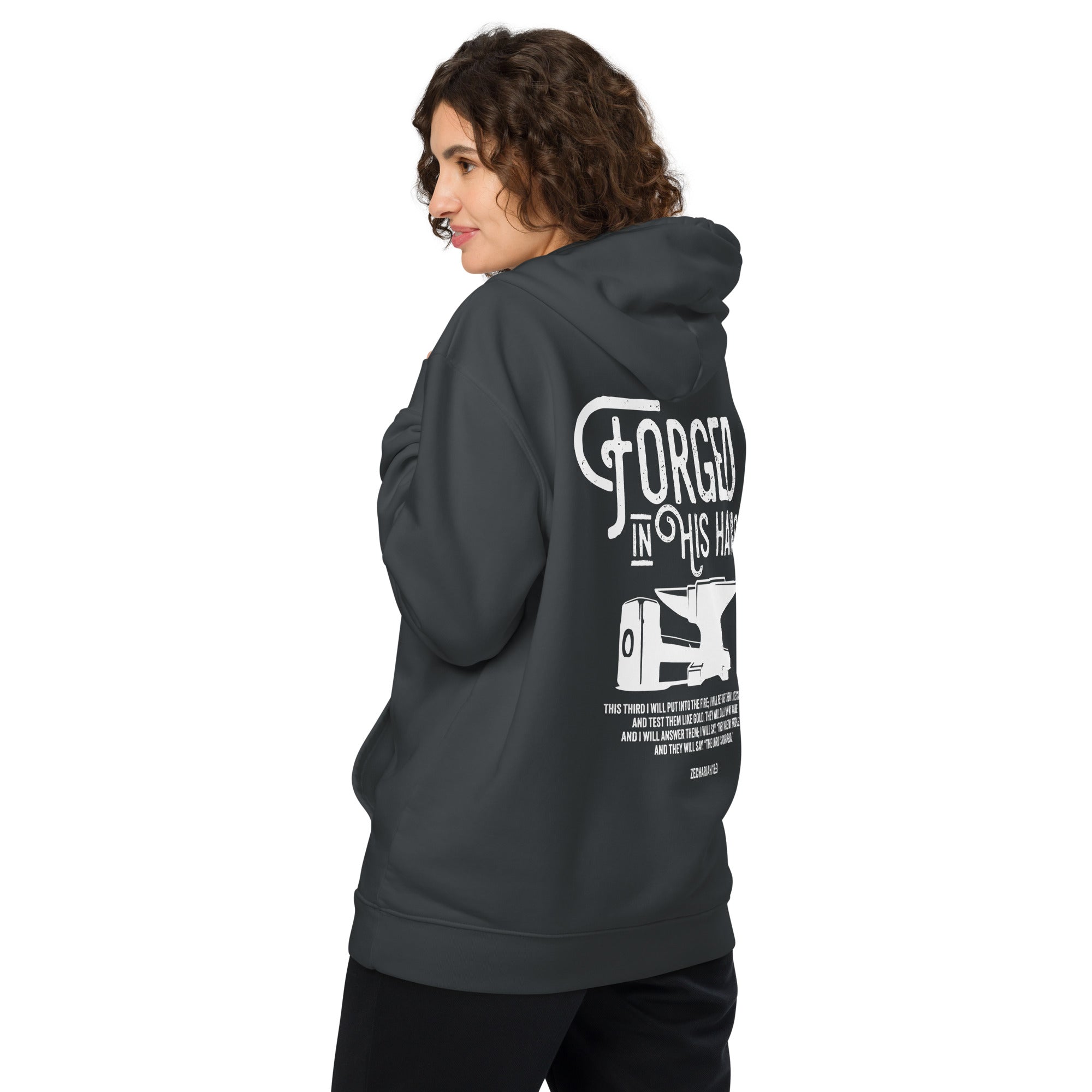 Image of Forged in His Hands God hoodie india ink grey back alt — Entrusted to Him