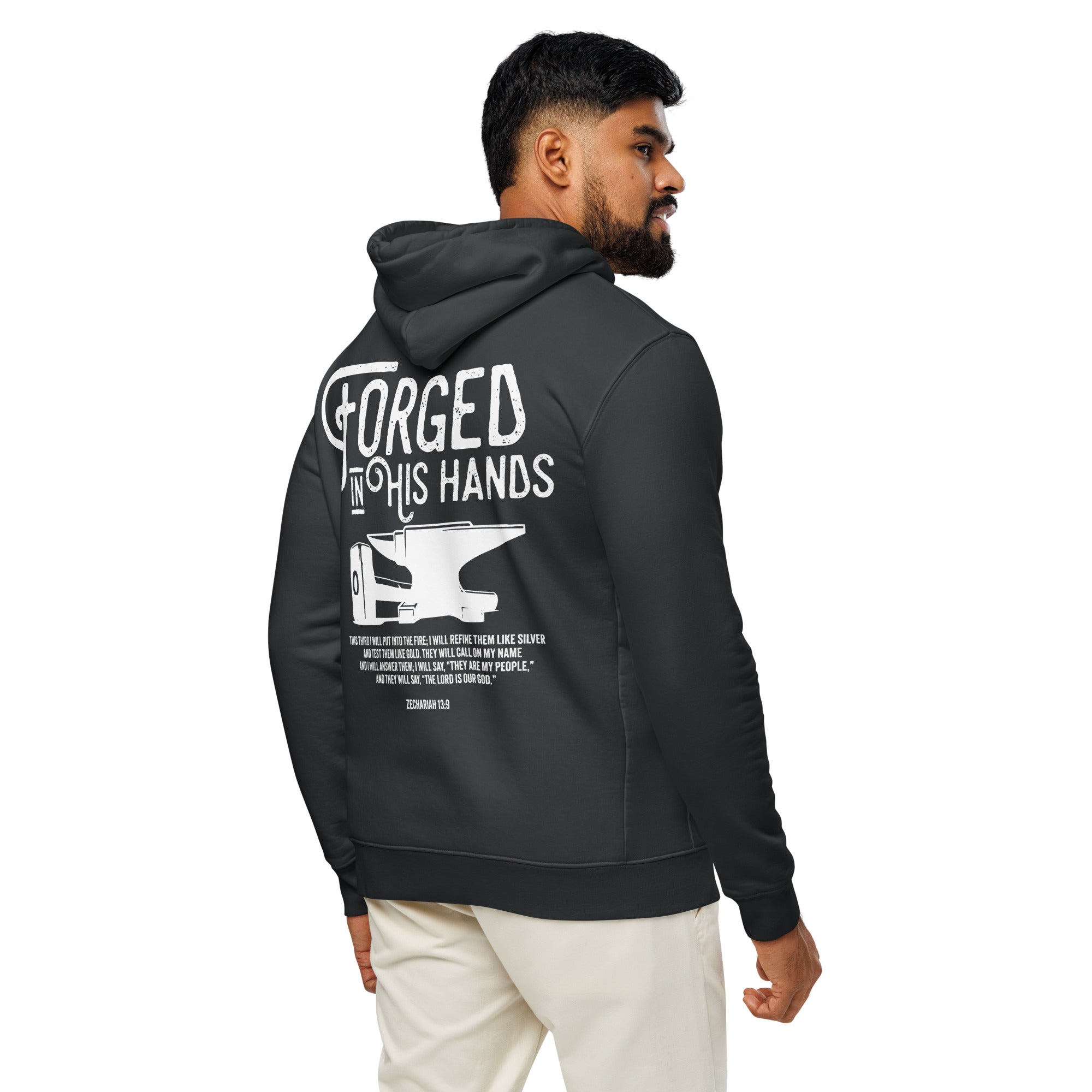 Image of Forged in His Hands Christian hoodie india ink grey back detail — Entrusted to Him