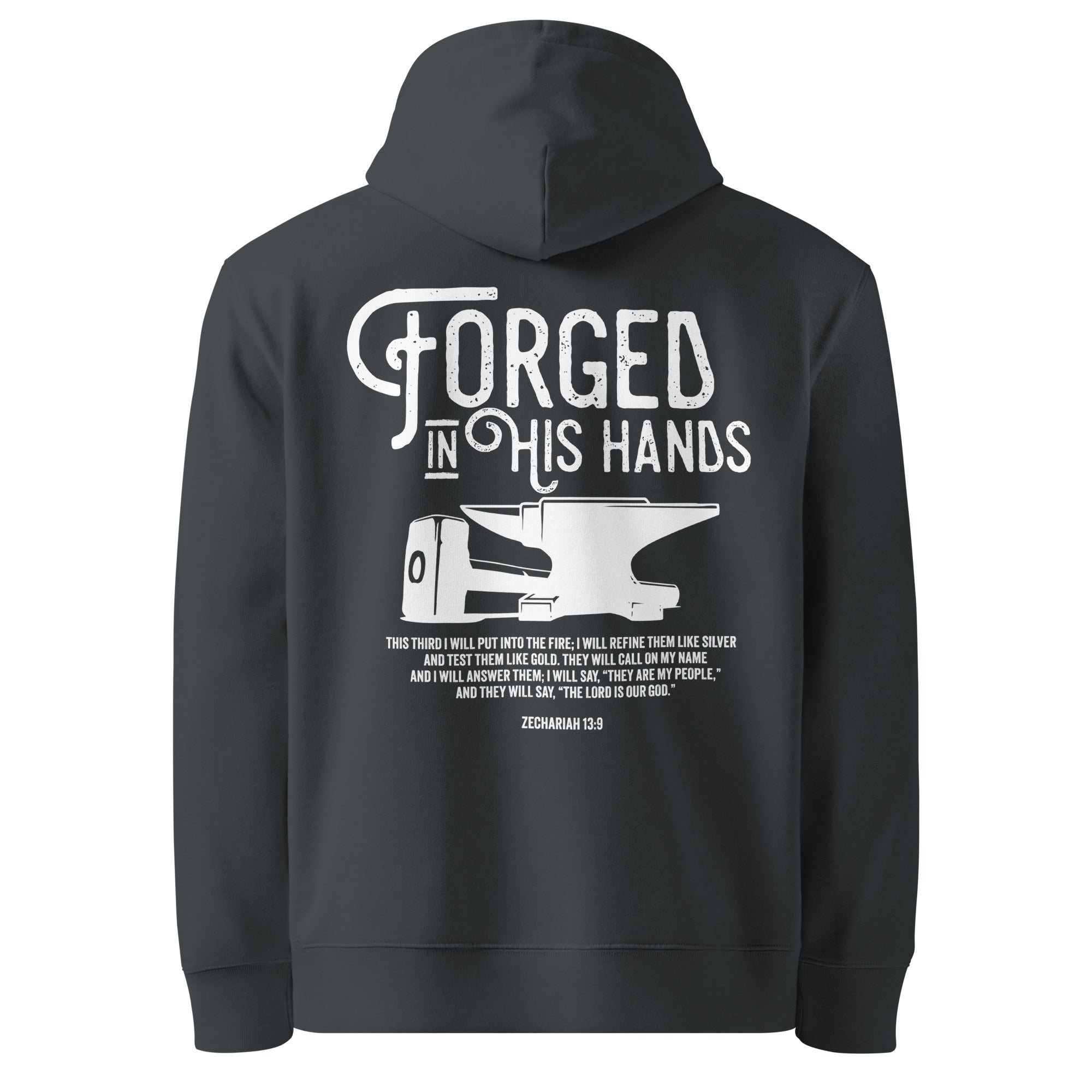 Image of Forged in His Hands Christian hoodie india ink grey back — Entrusted to Him