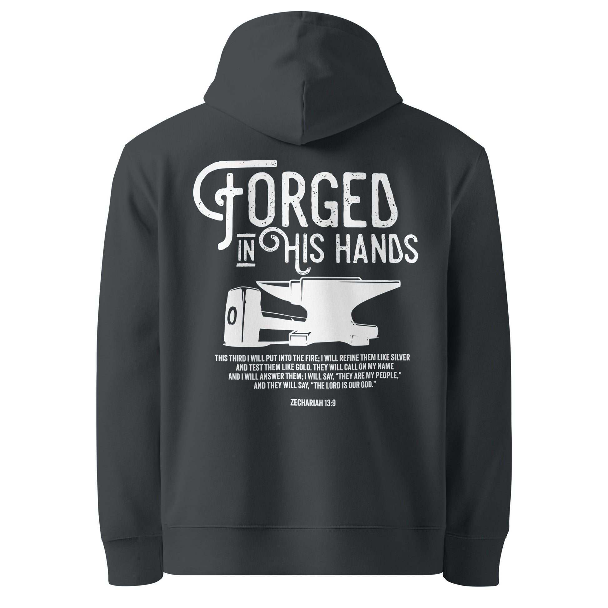 Forged in His Hands Christian hoodie india ink grey back — Entrusted to Him