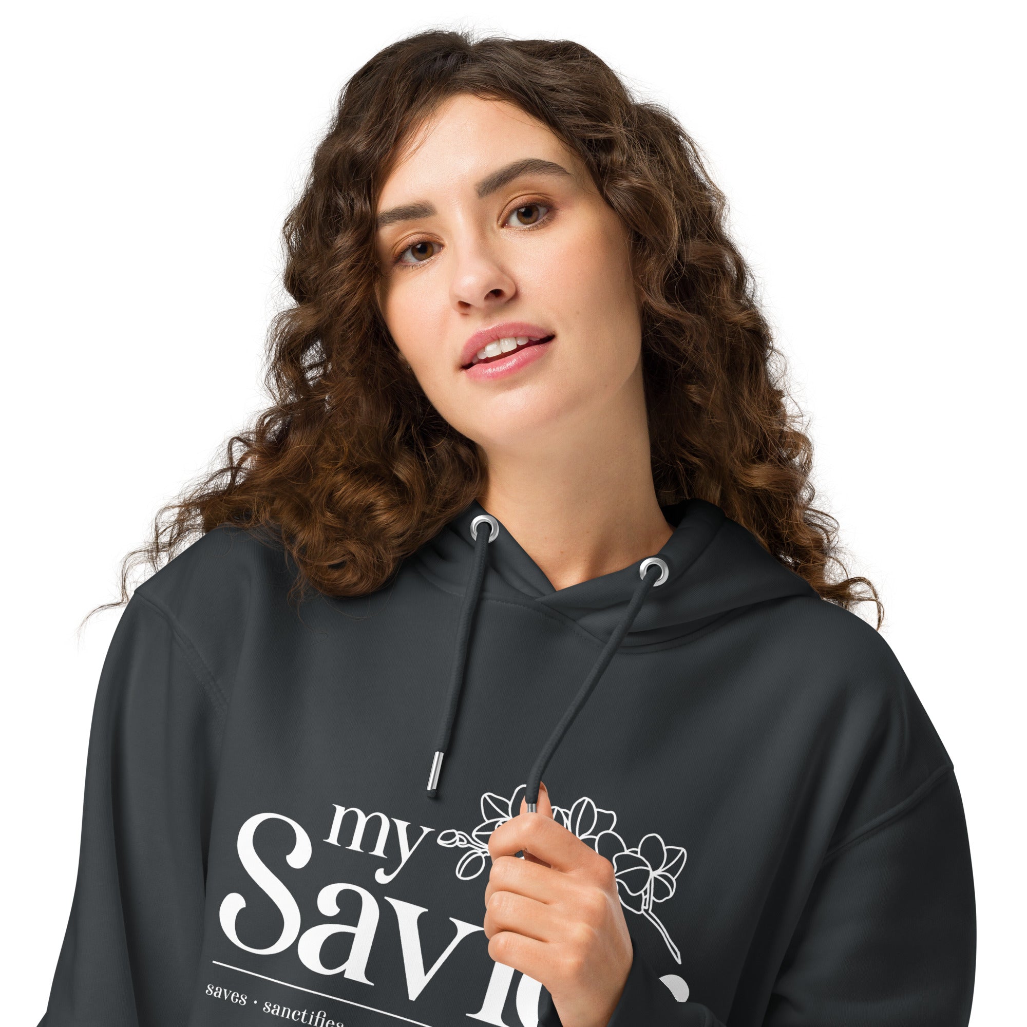 Image of My Savior women's Christian hoodie india ink grey front alternate — Entrusted to Him