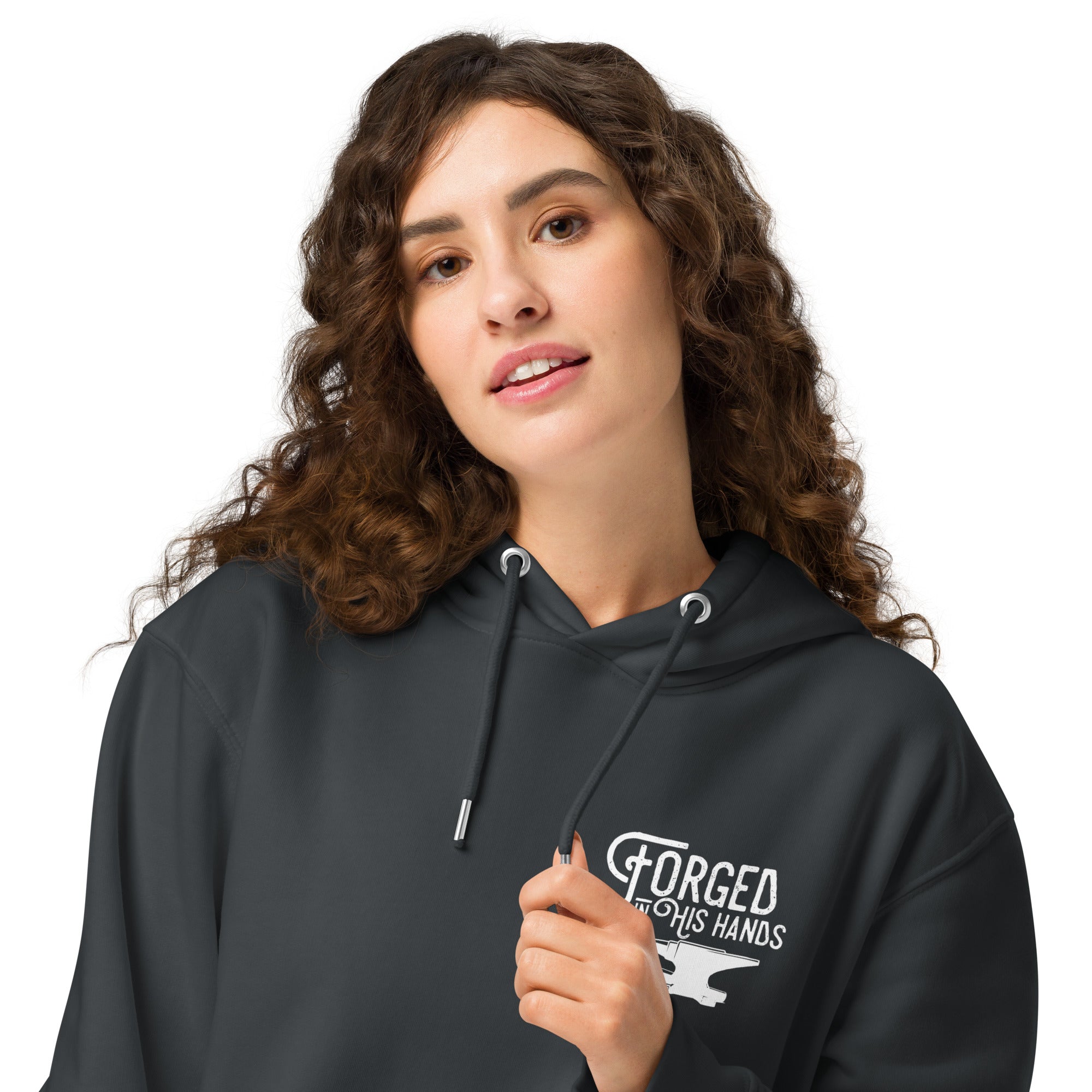 Image of Forged in His Hands Christian hoodie india ink grey front 2 — Entrusted to Him
