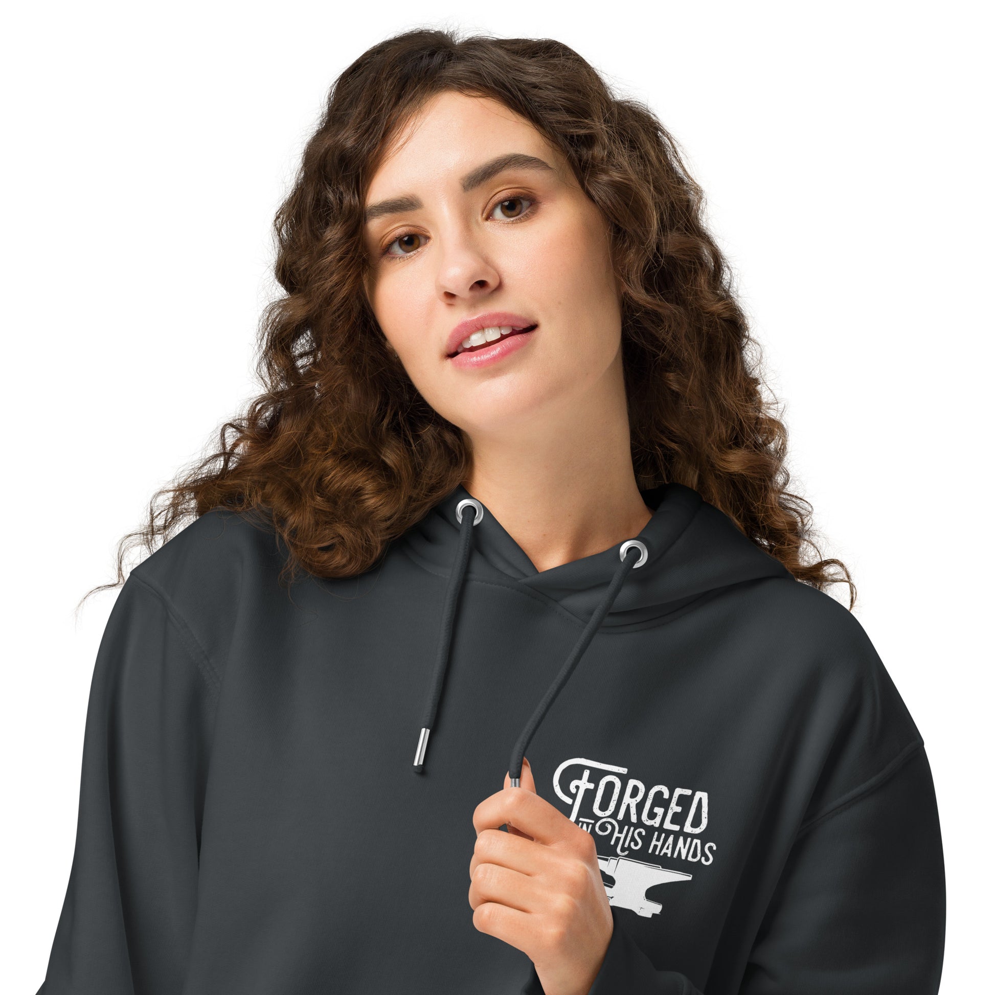 Forged in His Hands Christian hoodie india ink grey front 2 — Entrusted to Him