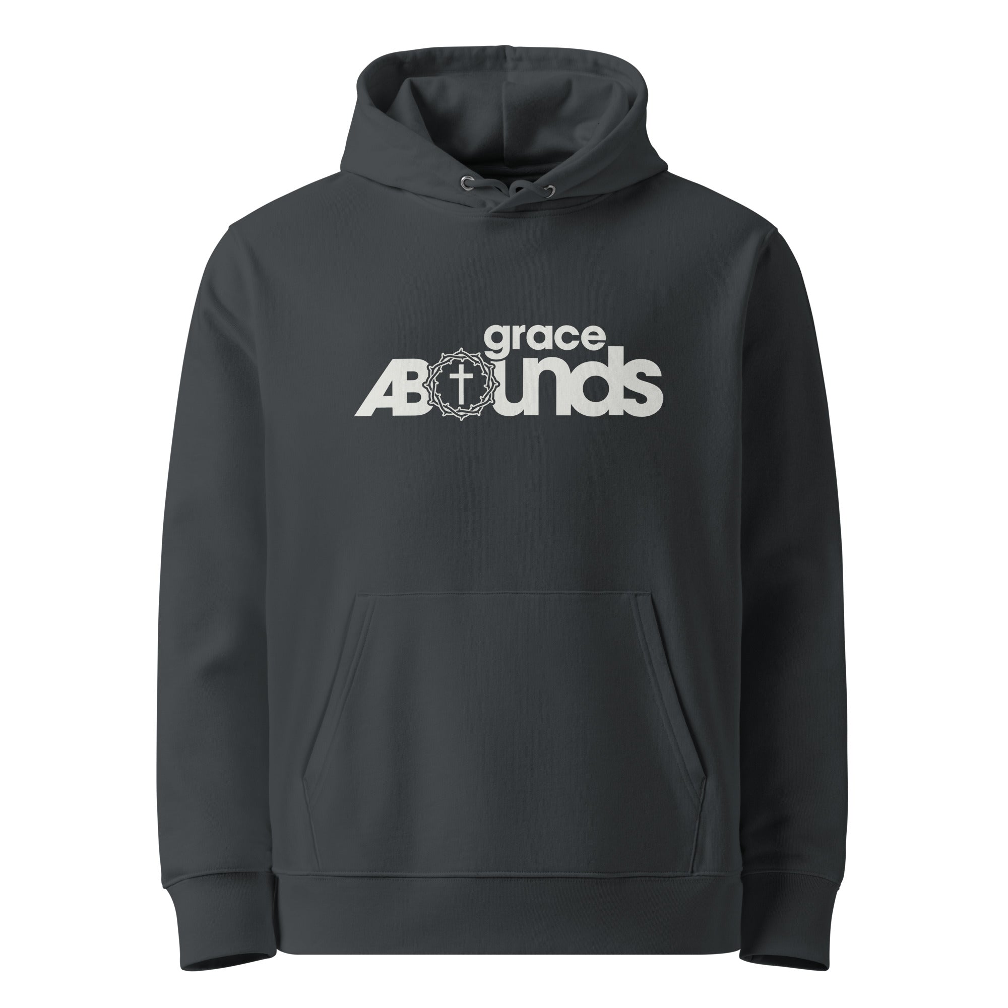 Image of Grace Abounds Christian hoodie india ink grey front view — Entrusted to Him