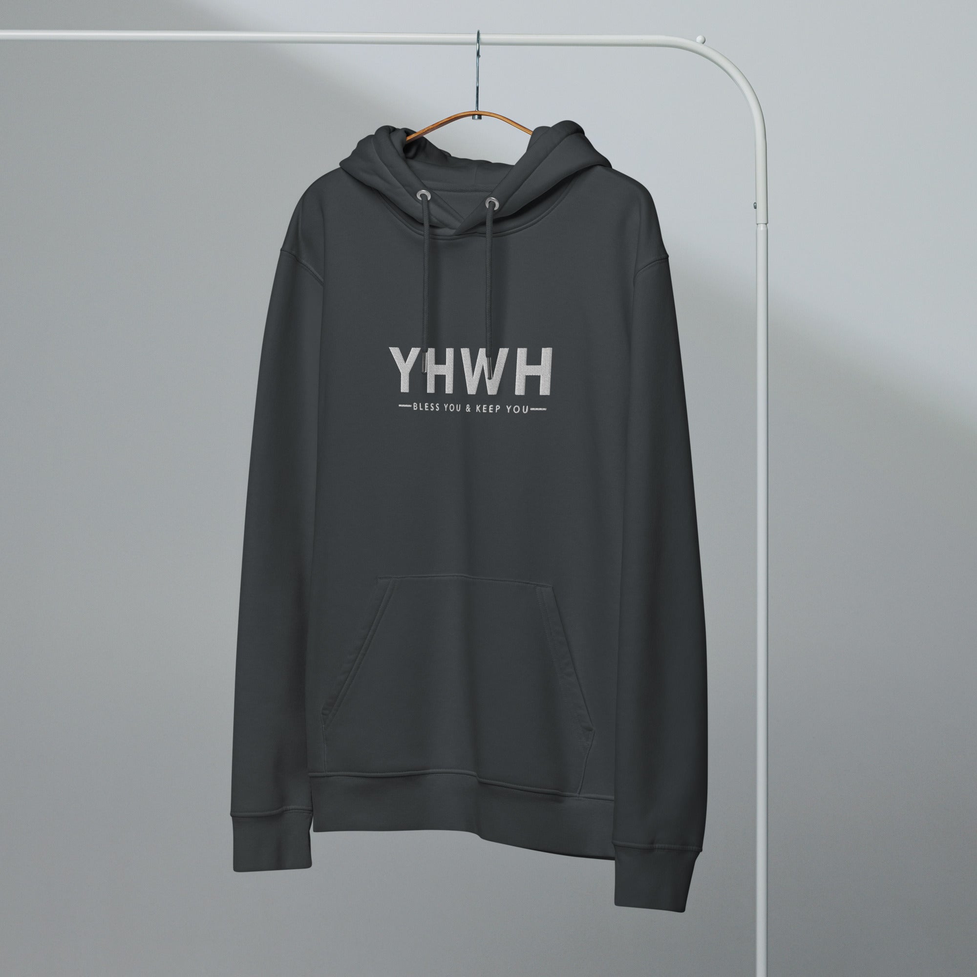Image of YHWH Priestly Blessing Christian hoodie india ink grey front close-up — Entrusted to Him