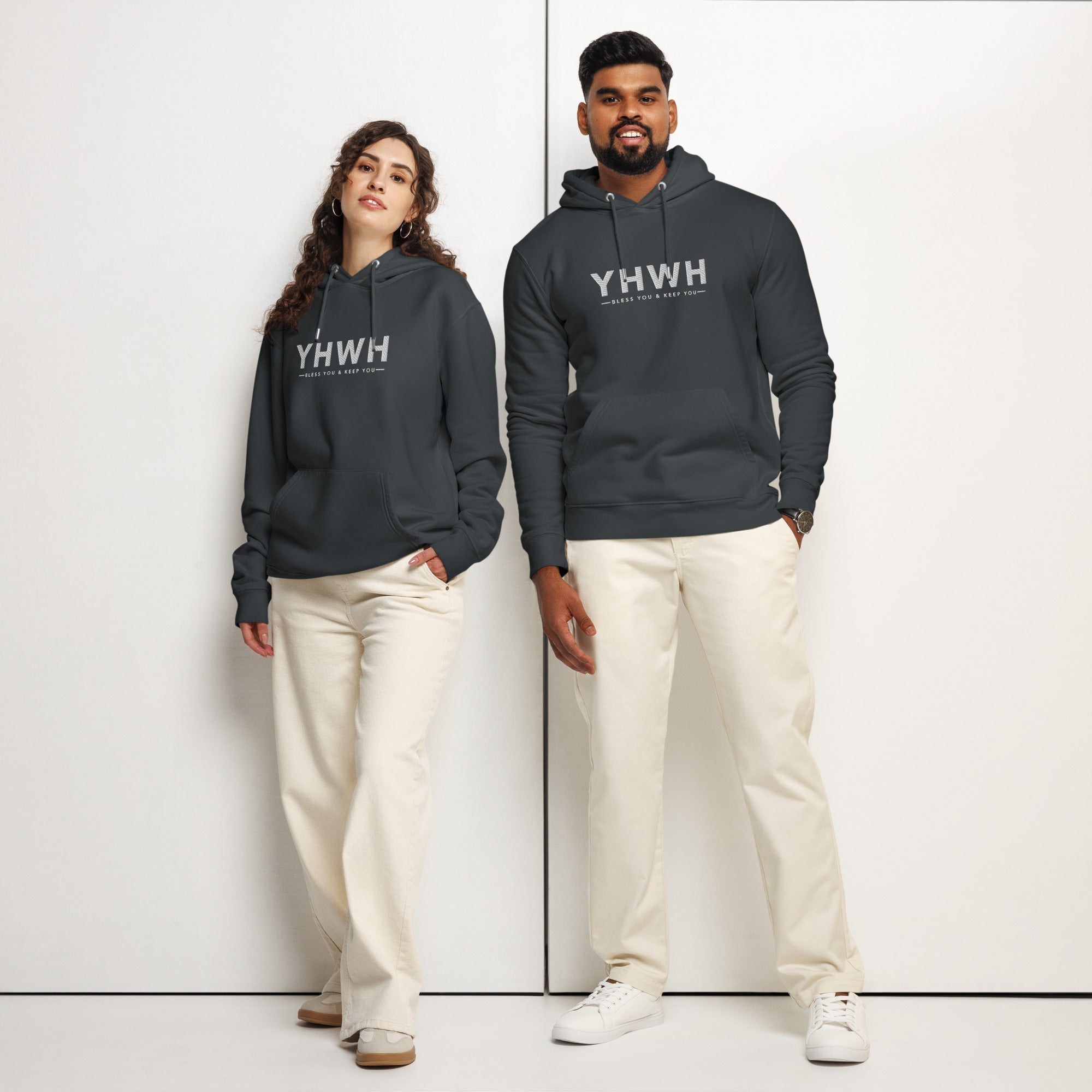 Image of YHWH Priestly Blessing Christian hoodie india ink grey front detail view — Entrusted to Him