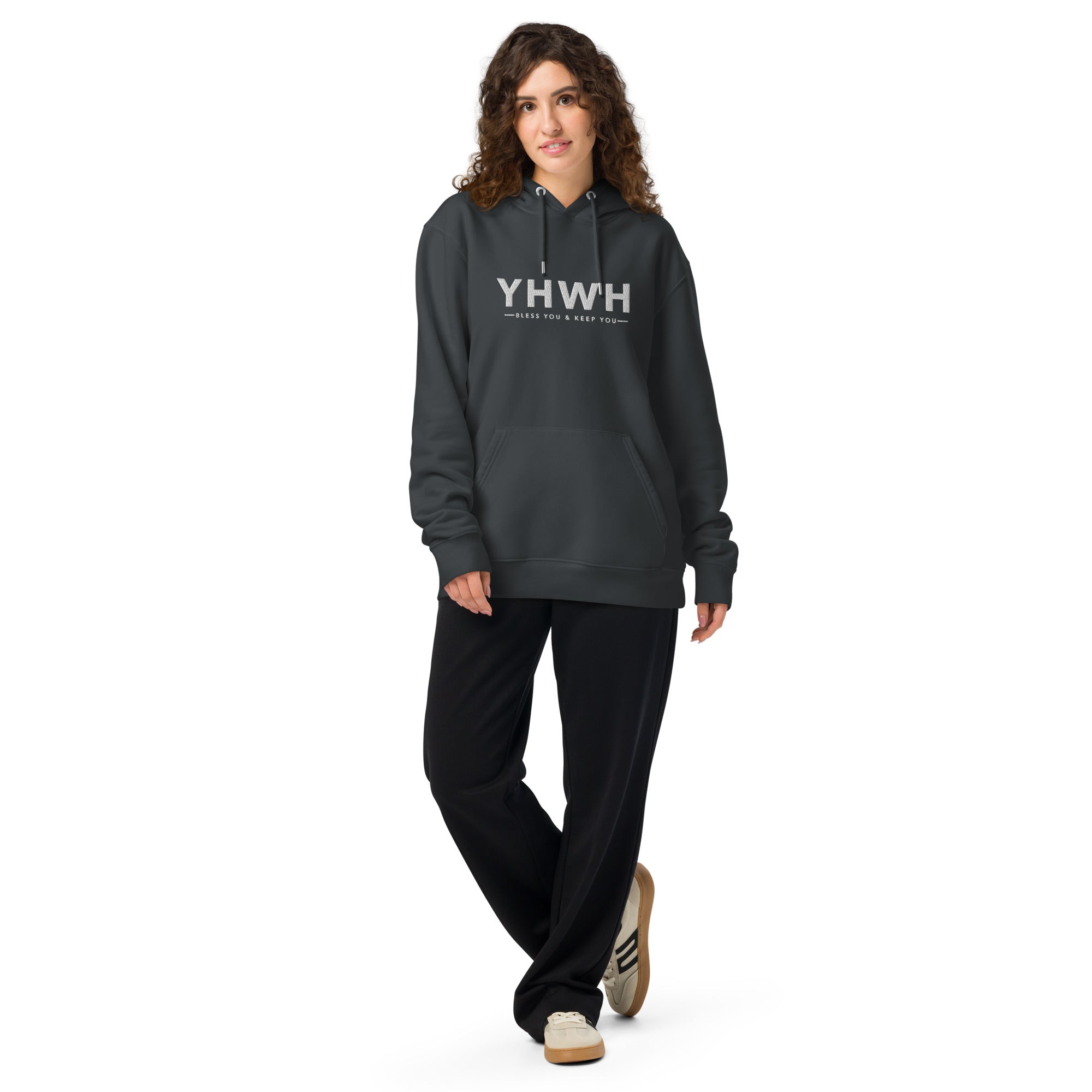 Image of YHWH Priestly Blessing Christian hoodie india ink grey front lifestyle view — Entrusted to Him