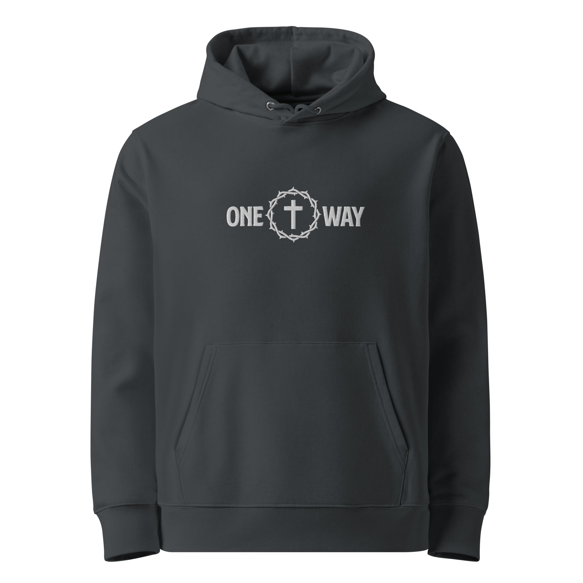 Image of One Way Christian hoodie india ink grey front view — Entrusted to Him