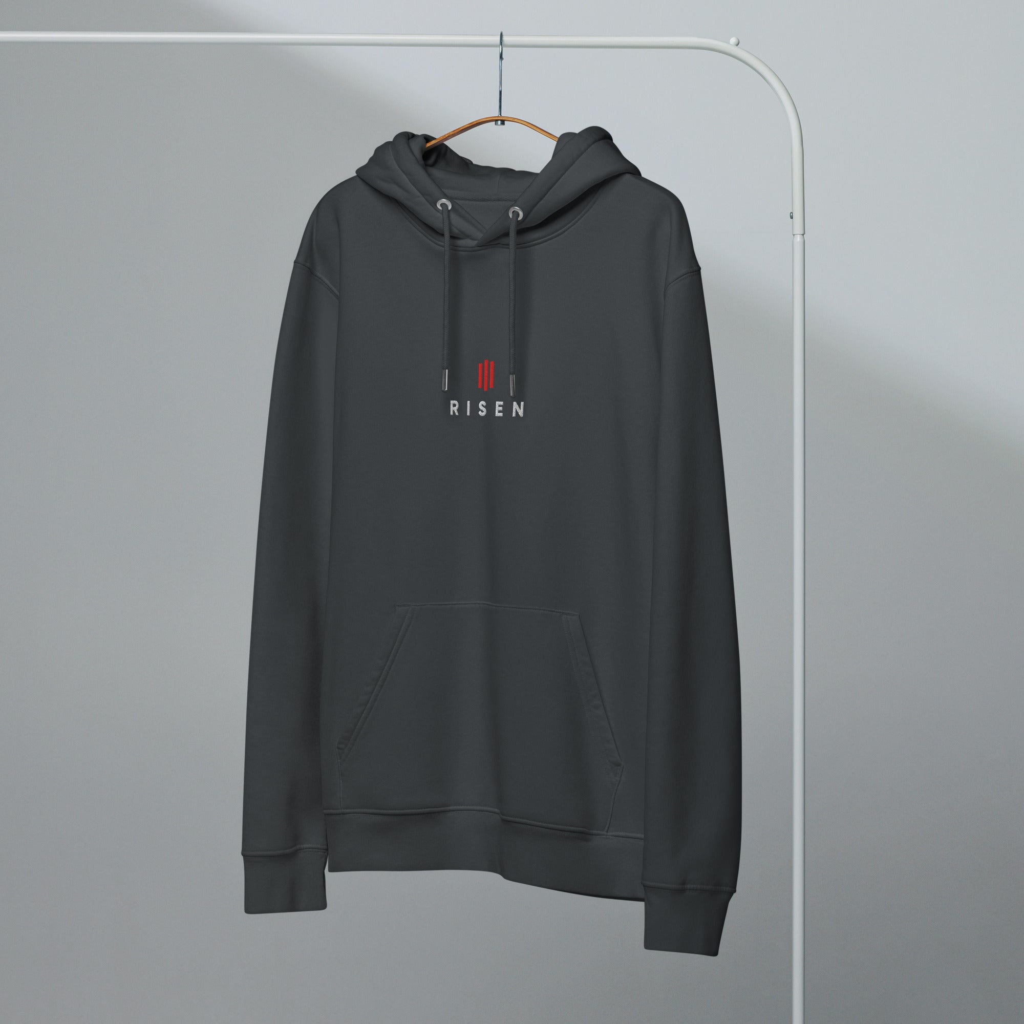 Image of Risen Jesus hoodie india ink grey front alternate view — Entrusted to Him