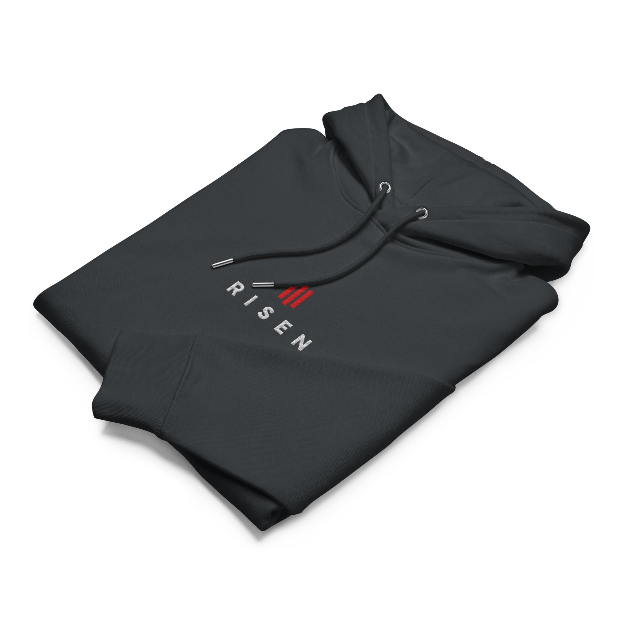 Image of Risen Jesus hoodie india ink grey front close-up — Entrusted to Him