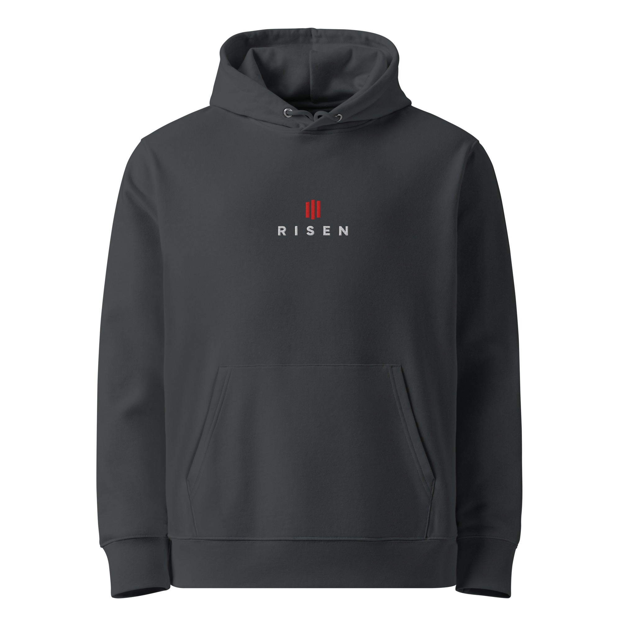 Image of Risen Jesus hoodie india ink grey front view — Entrusted to Him