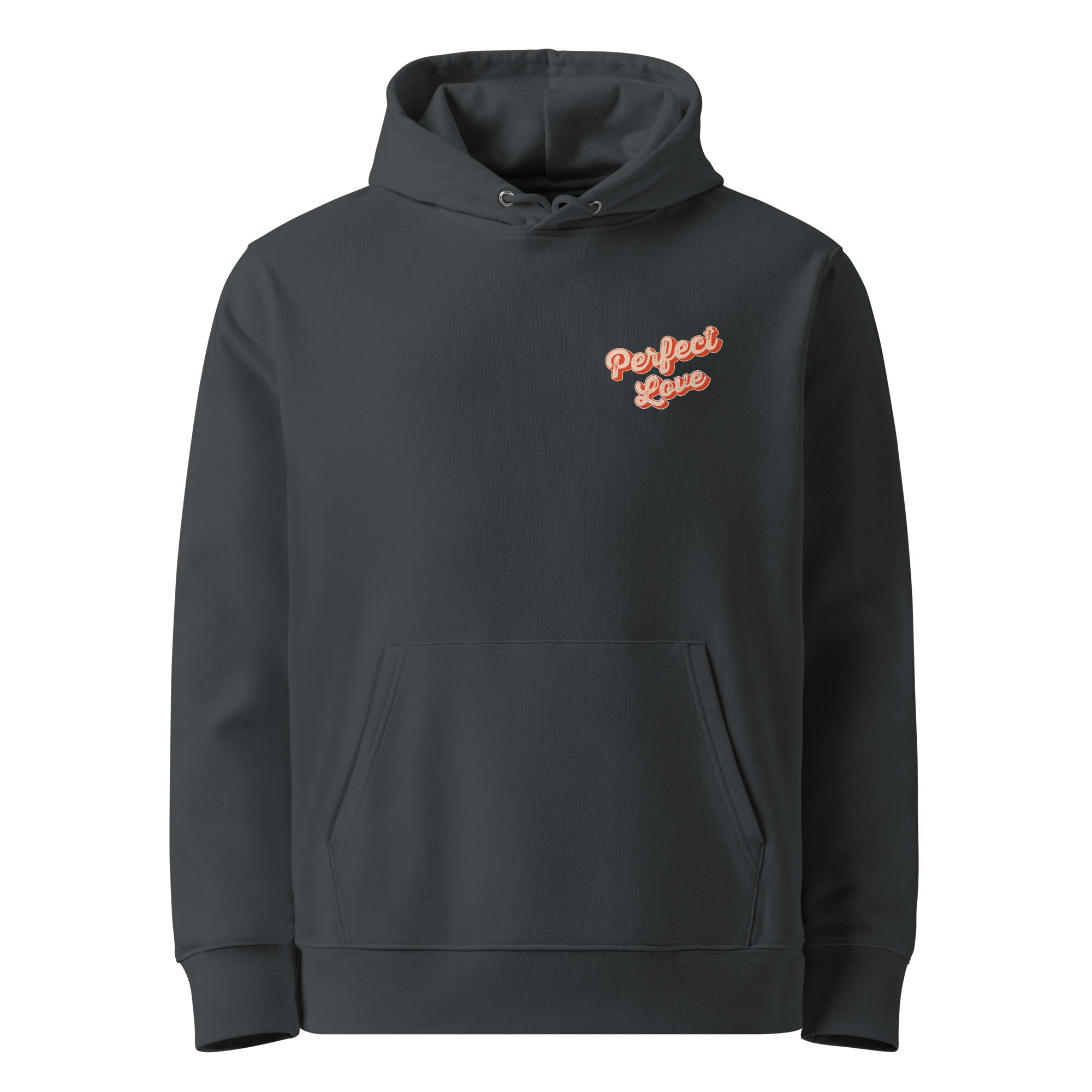 Image of Perfect Love Christian hoodie india ink grey front view — Entrusted to Him