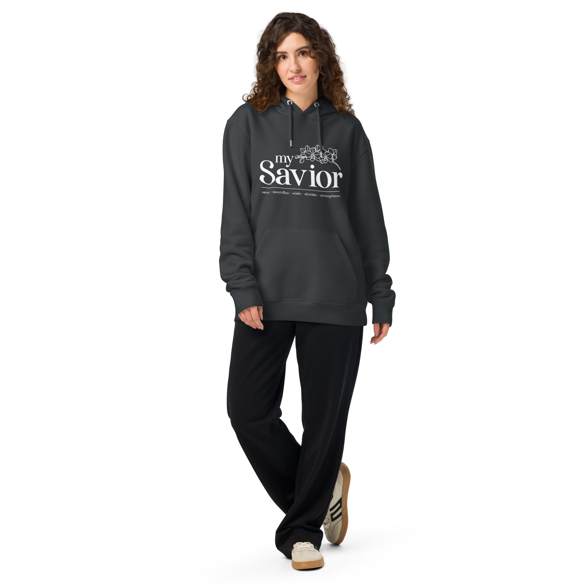 Image of My Savior organic Christian hoodie india ink grey front styled — Entrusted to Him