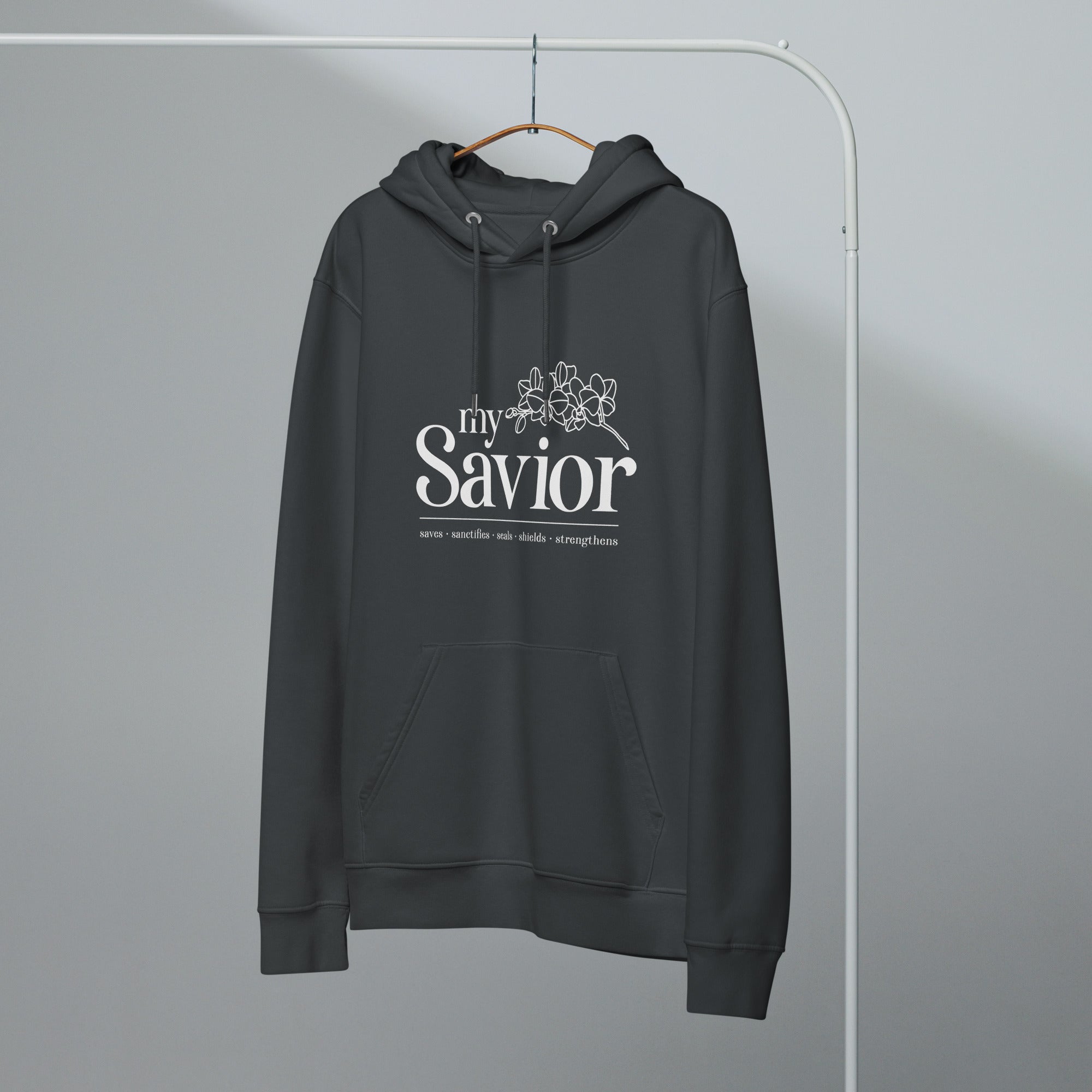 Image of My Savior women's Christian hoodie india ink grey lifestyle front — Entrusted to Him