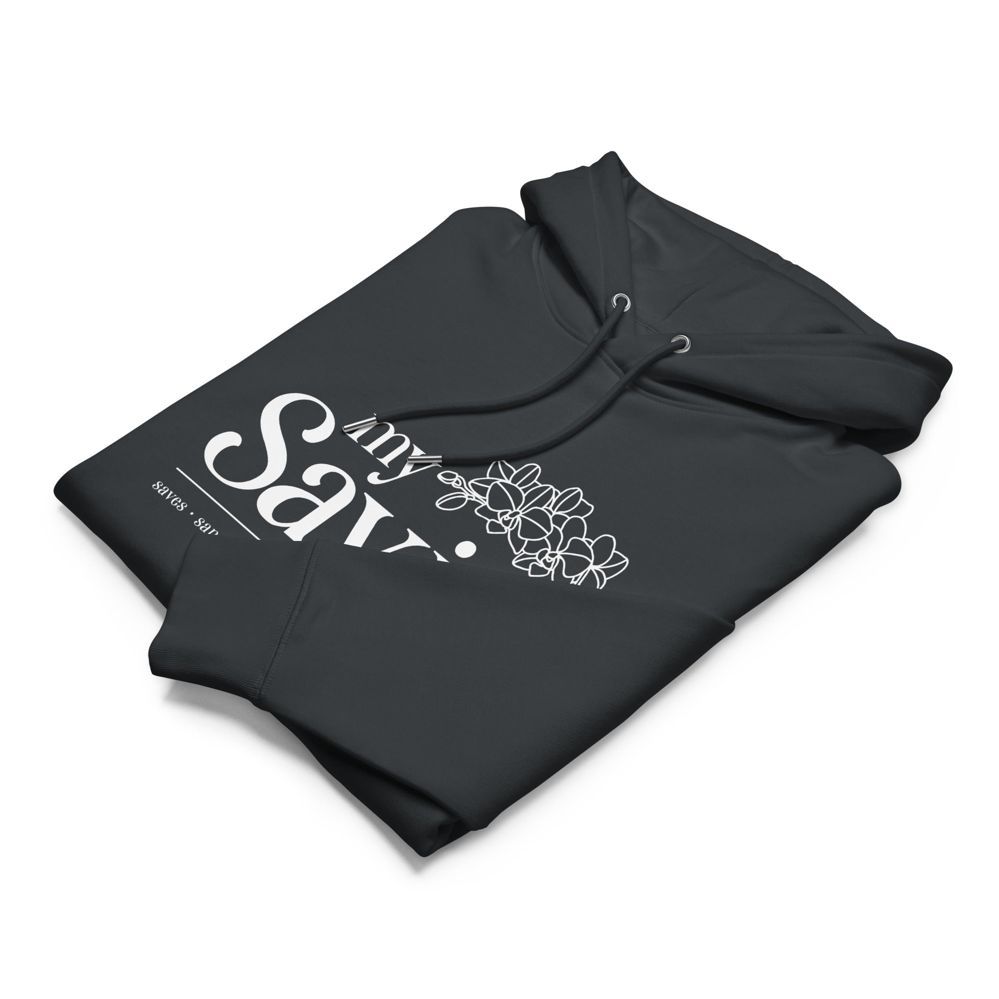 Image of My Savior women's Christian hoodie india ink grey front close-up — Entrusted to Him