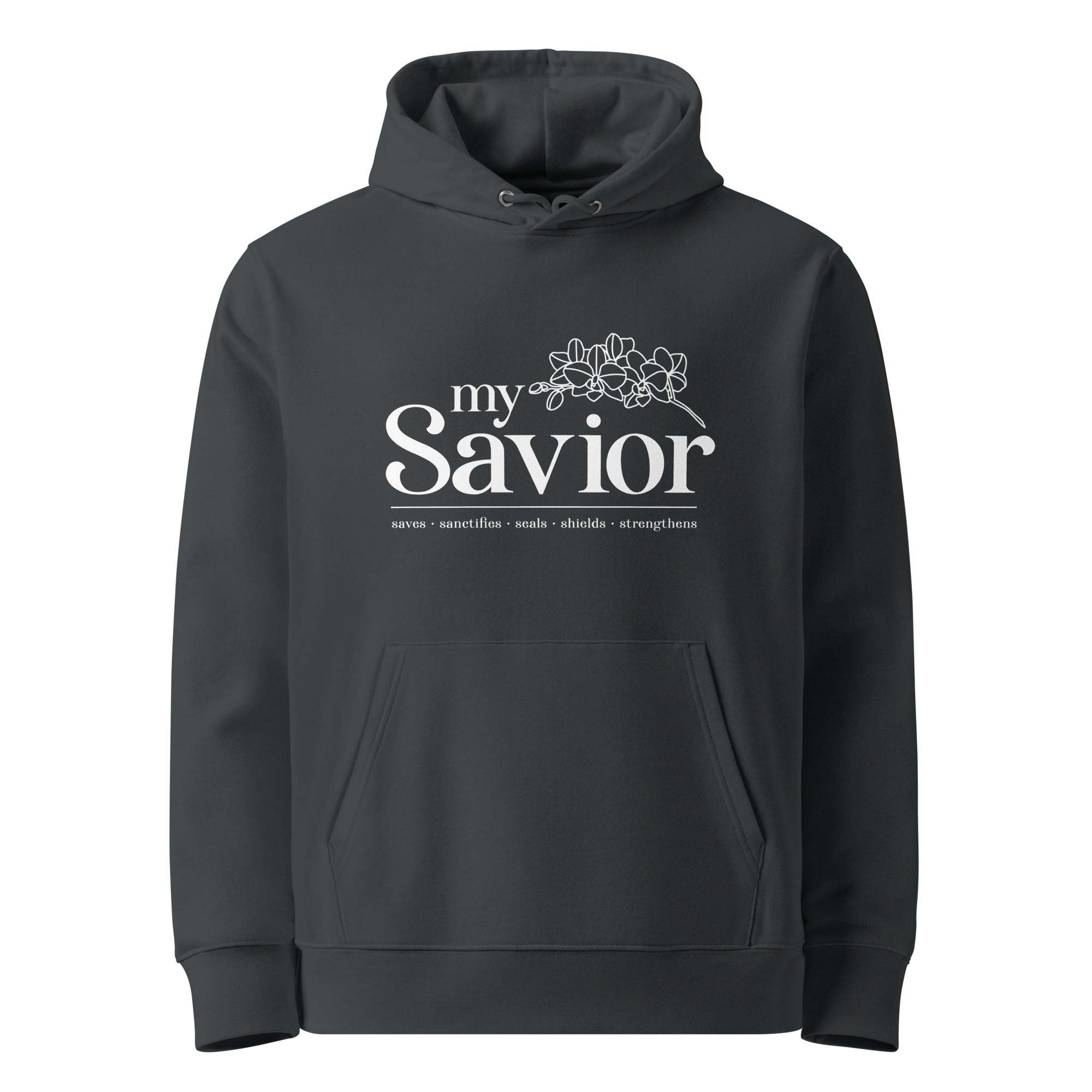 Image of My Savior women's Christian hoodie india ink grey front view — Entrusted to Him