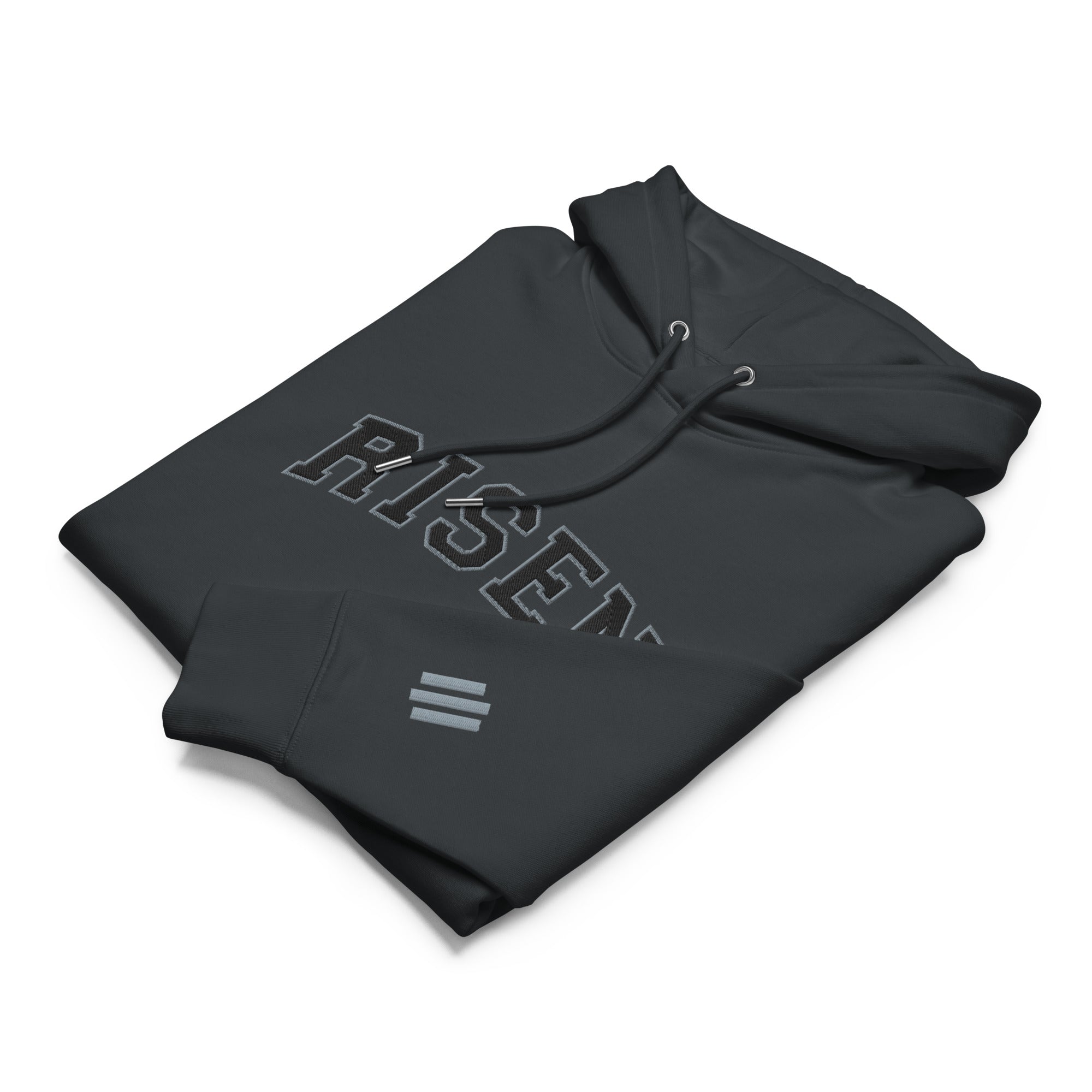 Image of Risen Varsity Special Edition Christian hoodie india ink grey front close-up — Entrusted to Him