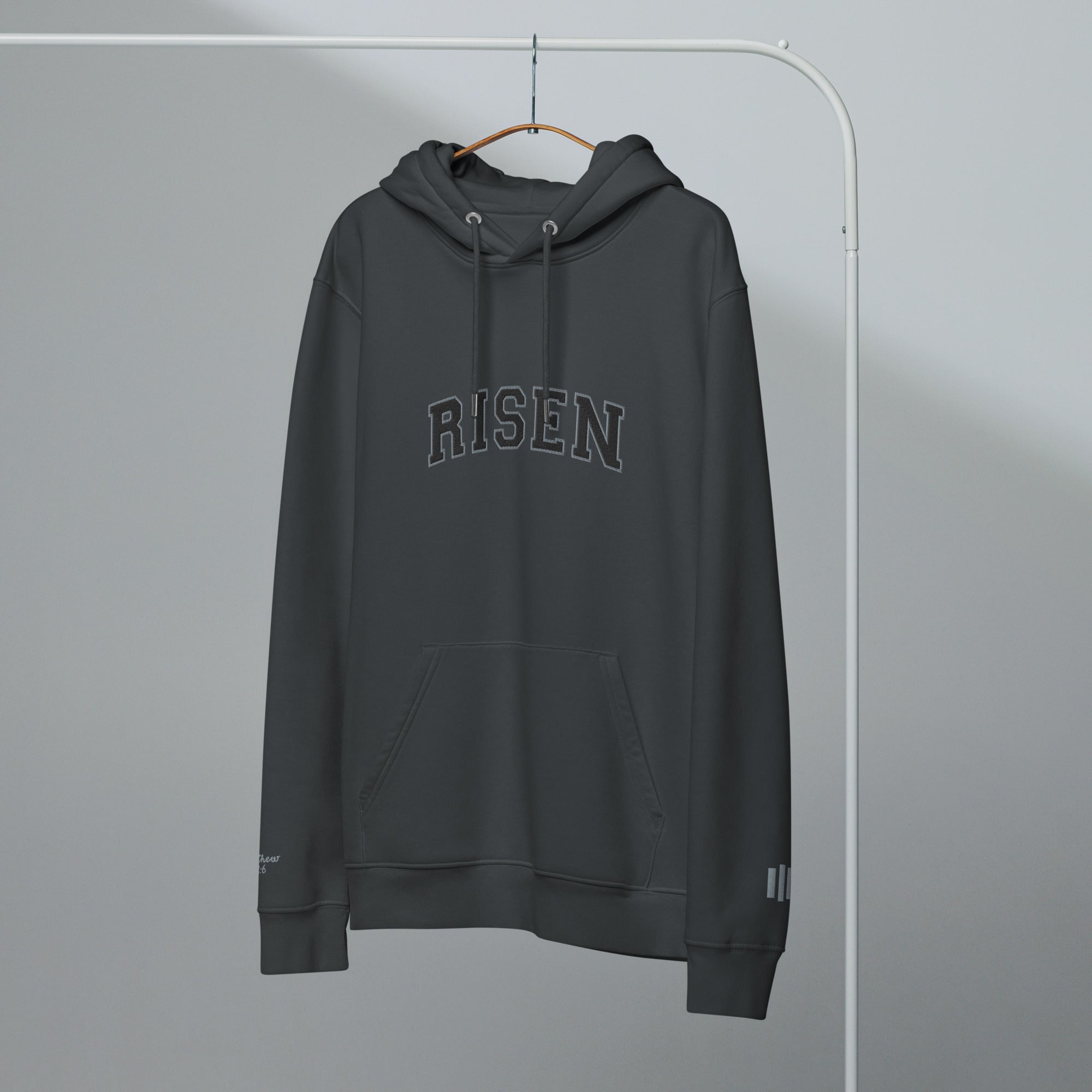 Image of Risen Varsity Special Edition Christian hoodie india ink grey front alternate view — Entrusted to Him