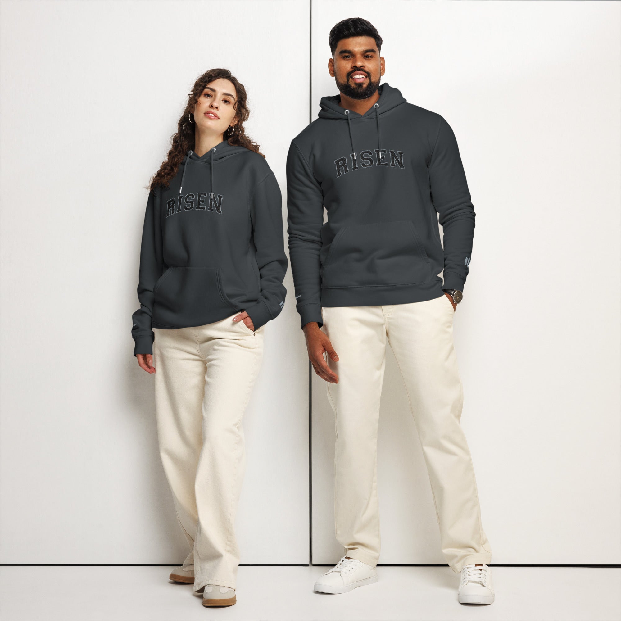 Image of Risen Varsity Special Edition Christian hoodie india ink grey front lifestyle view — Entrusted to Him