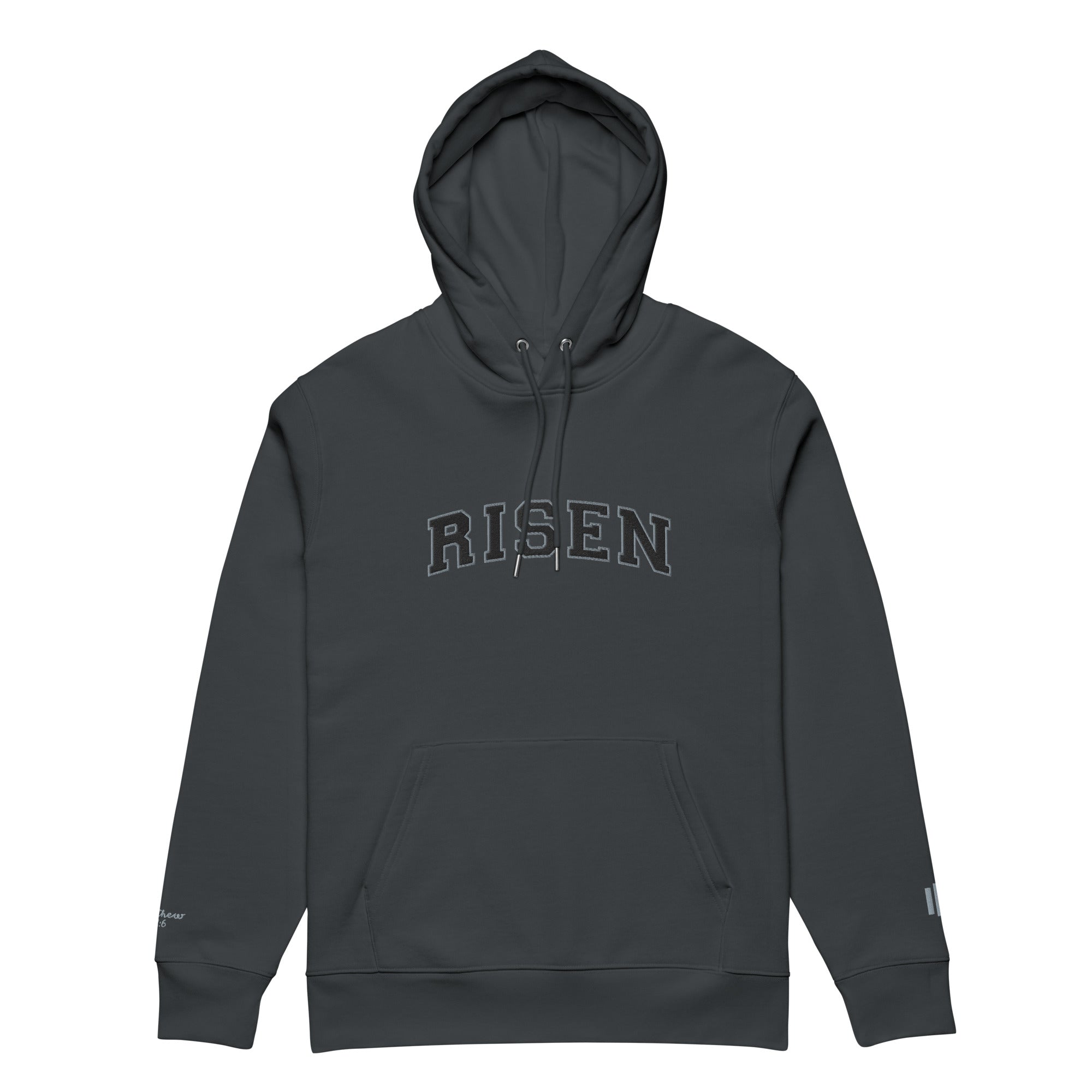 Image of Risen Varsity Special Edition Christian hoodie india ink grey front detail view — Entrusted to Him