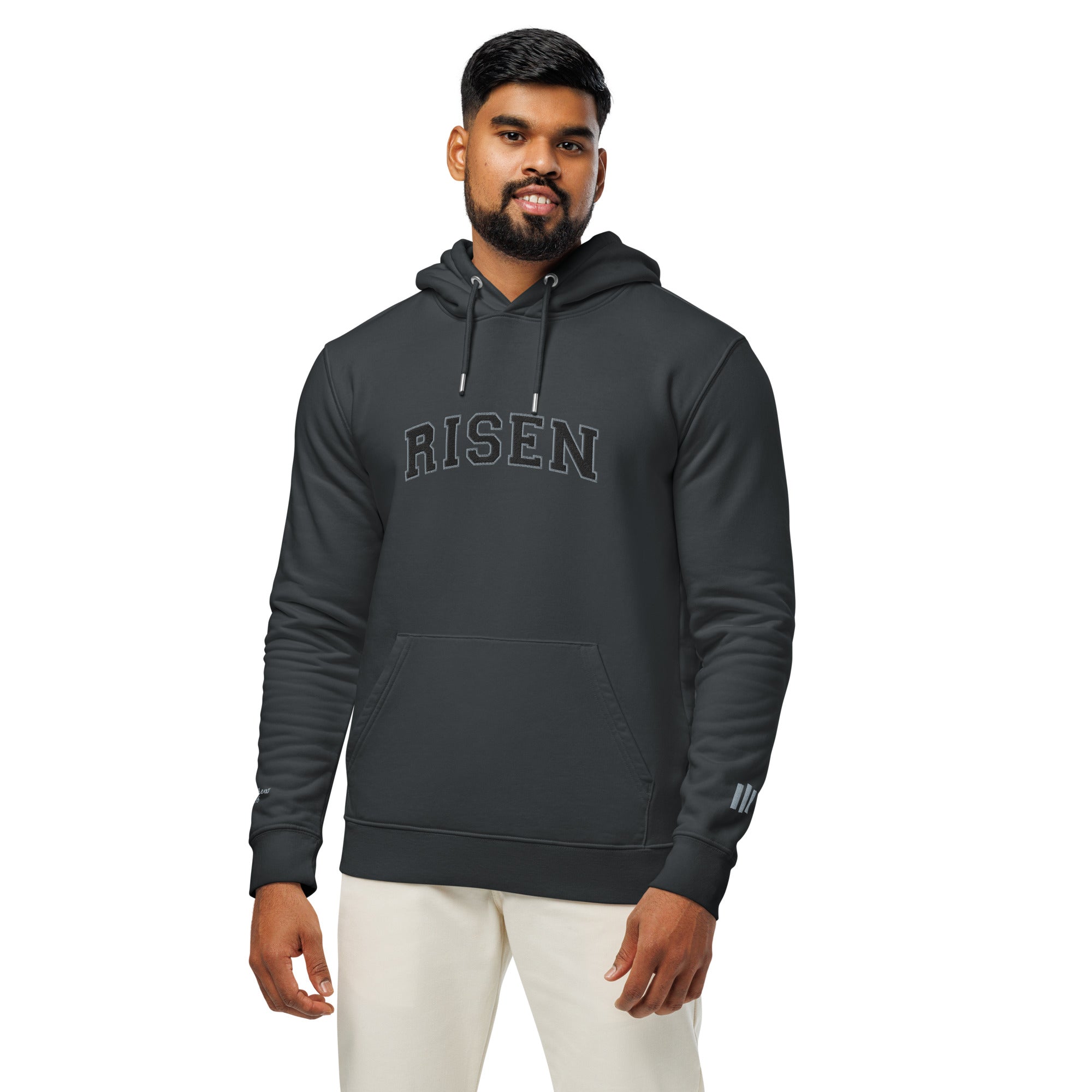Image of Risen Varsity Special Edition Christian hoodie india ink grey front graphic view — Entrusted to Him