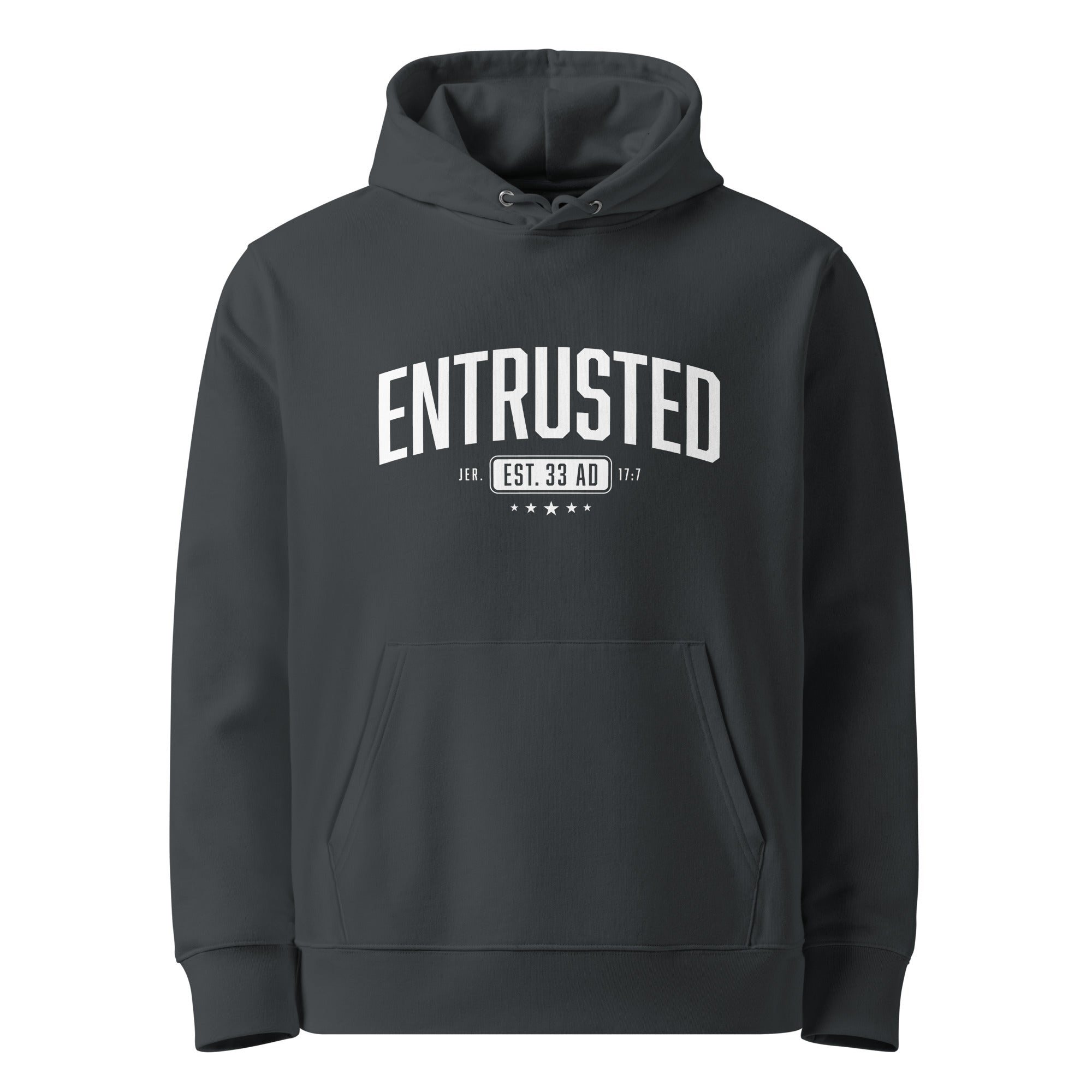 Image of Entrusted Est. 33AD Christian hoodie india ink grey front view — Entrusted to Him