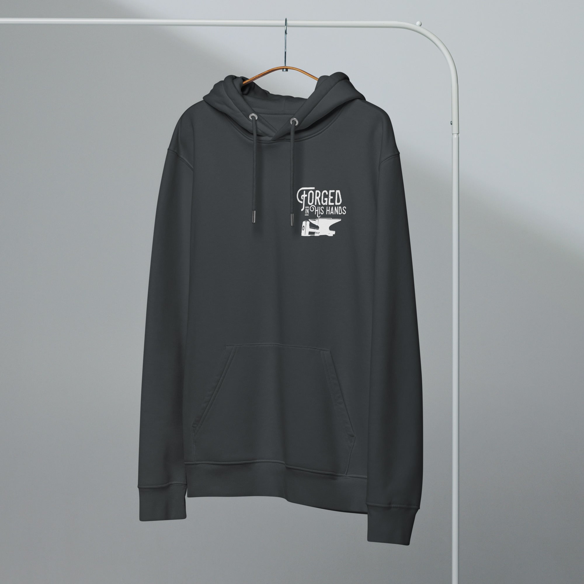Image of Forged in His Hands Christian hoodie india ink grey front view — Entrusted to Him