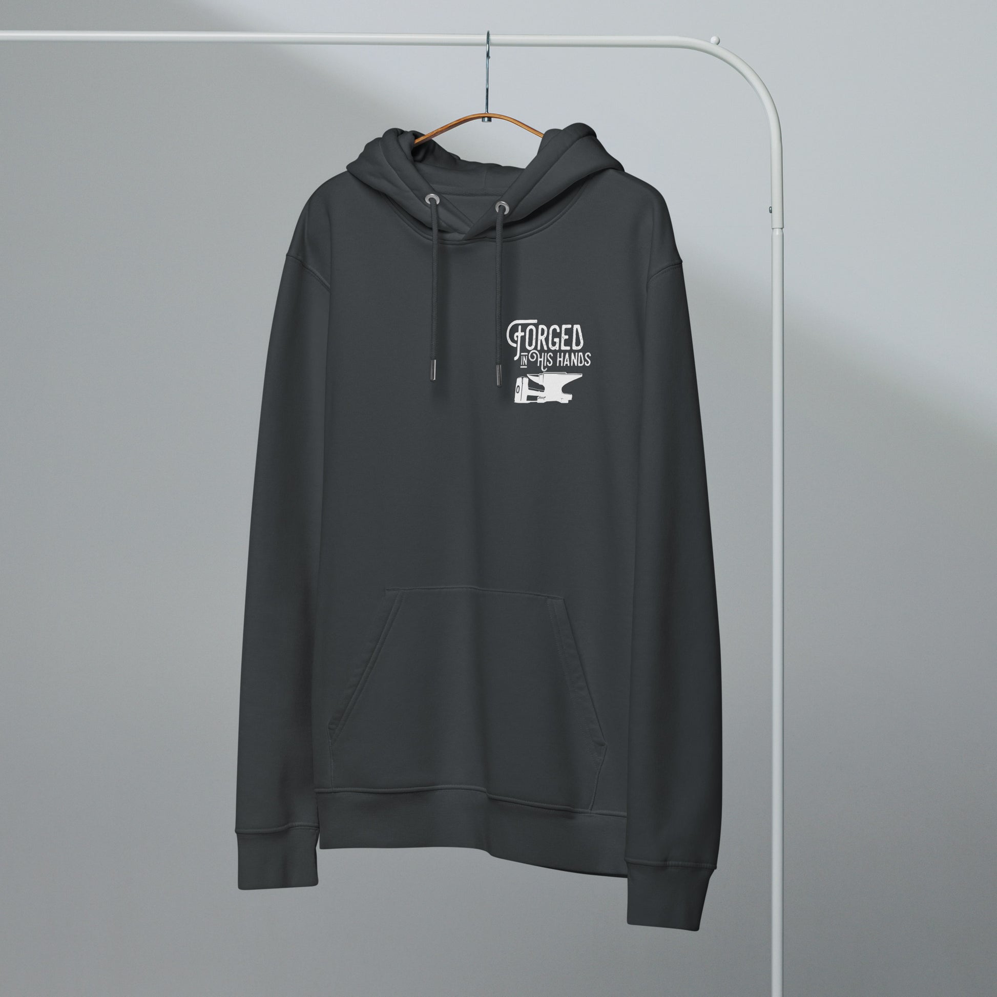 Forged in His Hands Christian hoodie india ink grey front view — Entrusted to Him