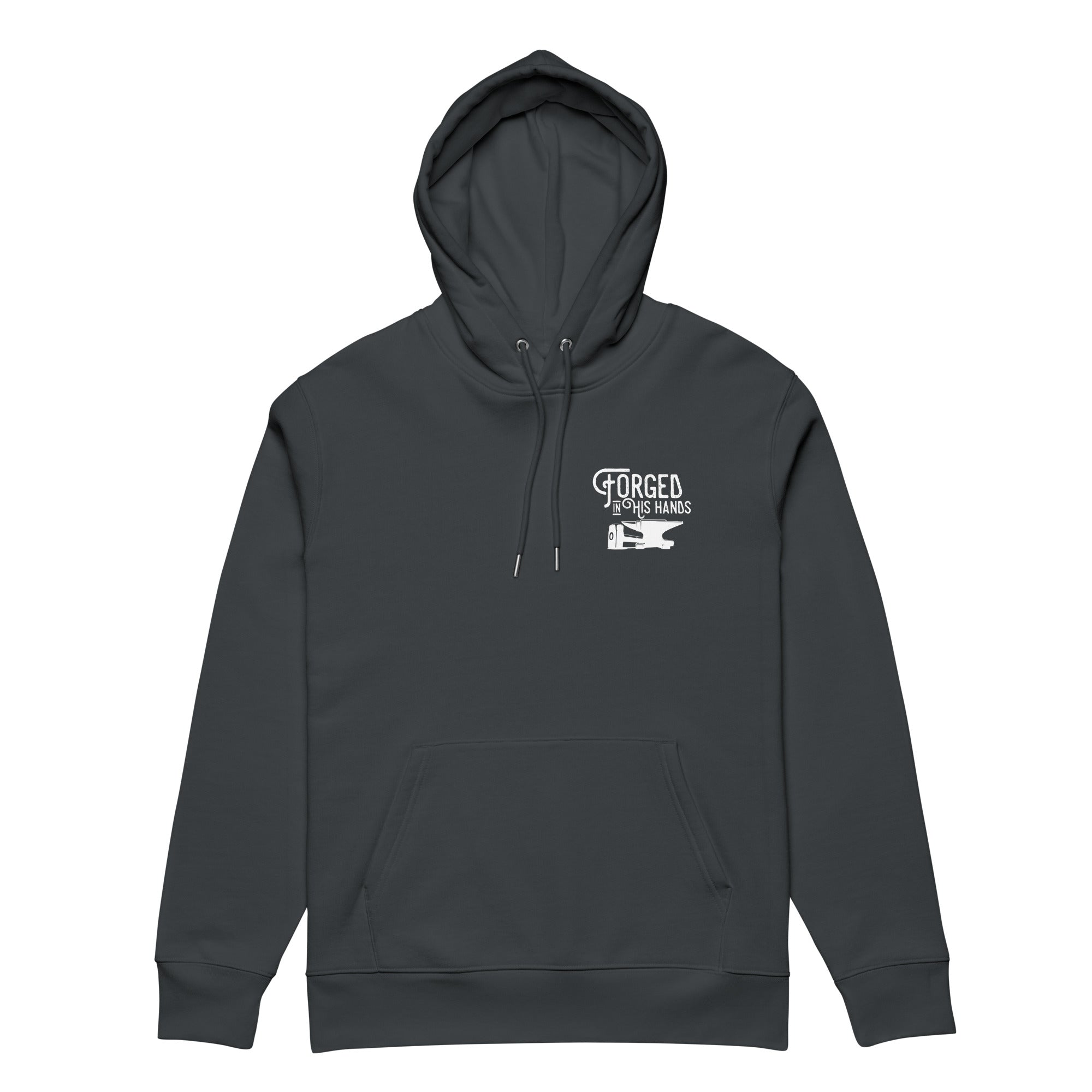 Image of Forged in His Hands Christian hoodie india ink grey front close — Entrusted to Him