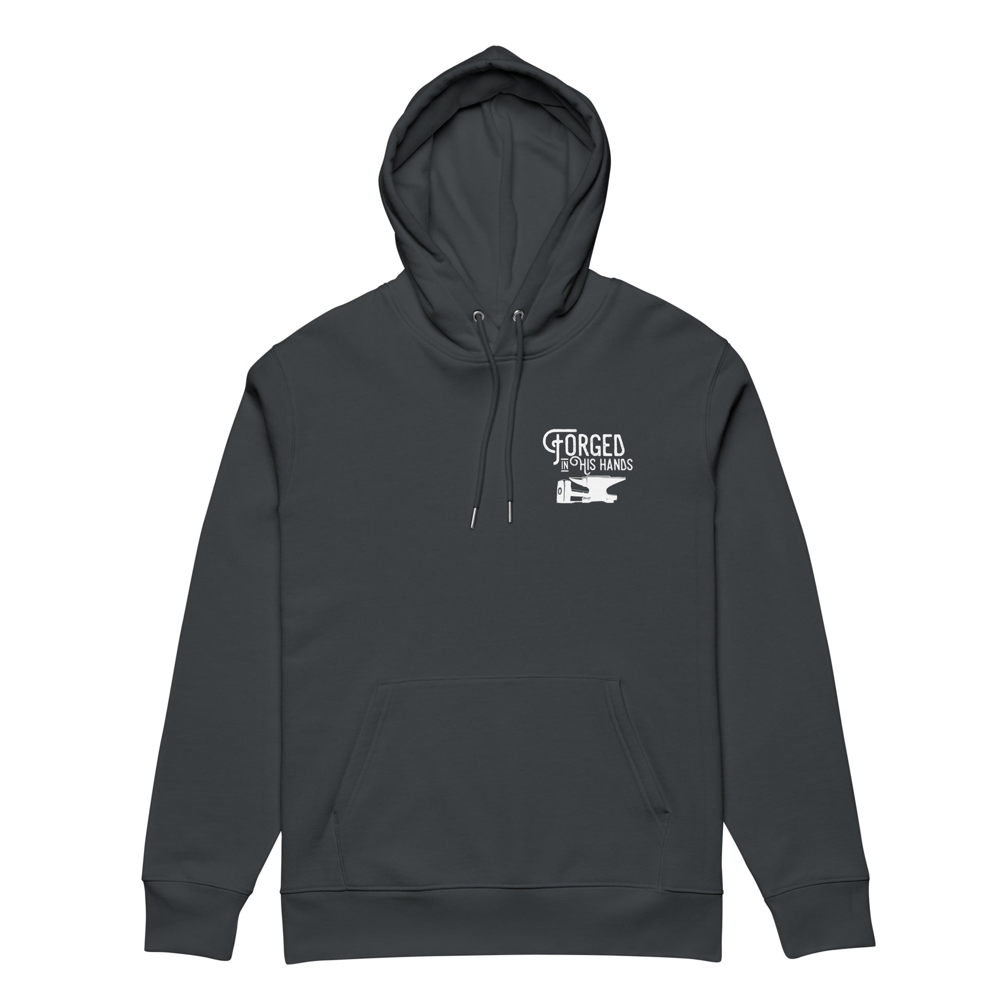 Forged in His Hands Christian hoodie india ink grey front close — Entrusted to Him