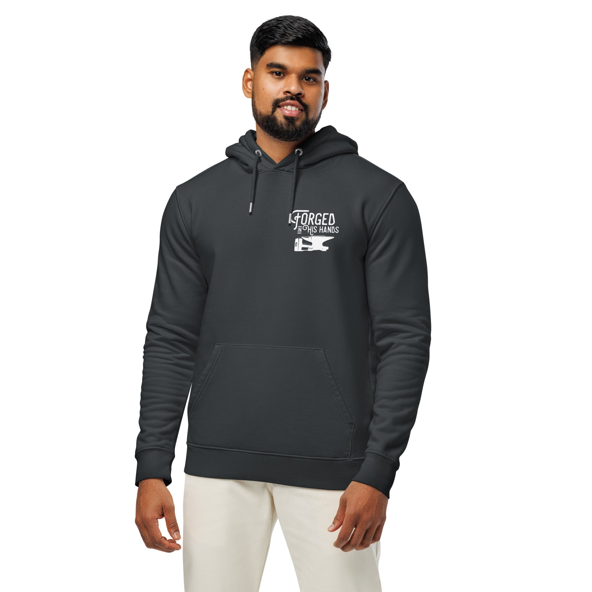 Image of Forged in His Hands faith hoodie india ink grey front detail — Entrusted to Him